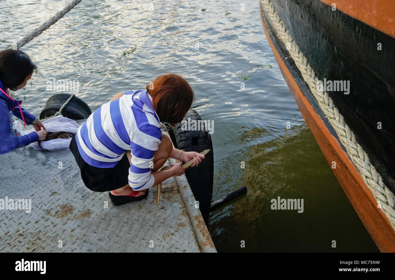 Las niñas budistas liberando las anguilas en el río Saigón para ganar karma, Ciudad Ho Chi Minh (Saigón) Vietnam; Foto de stock
