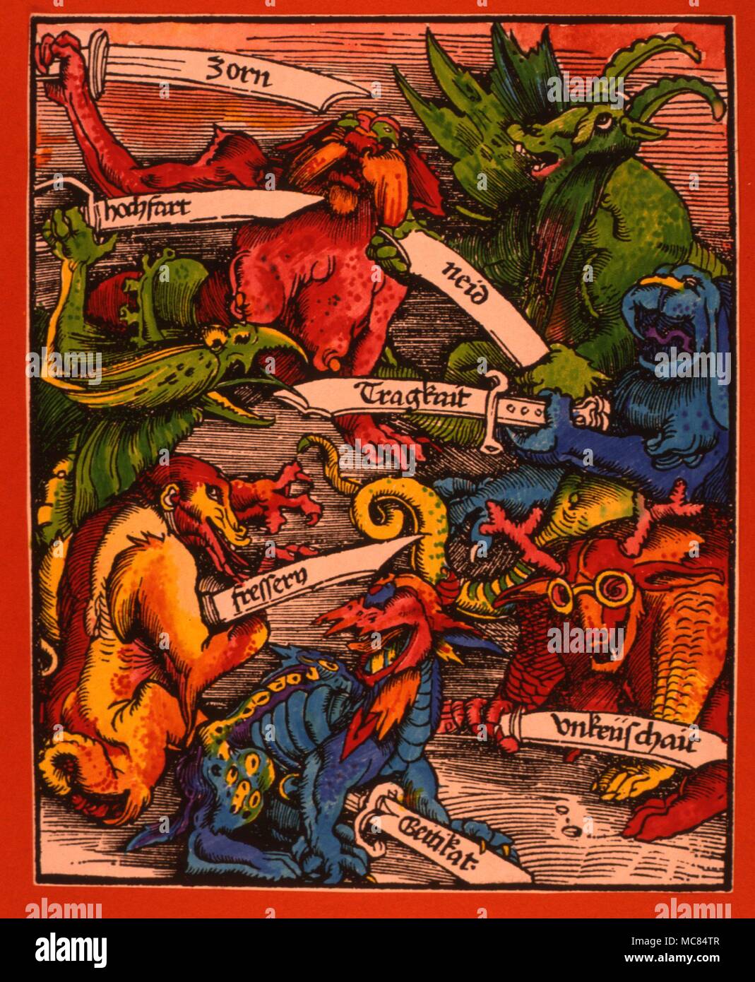 Personificiations demoníaca de los siete pecados capitales, desde una xilografía alemana de circa 1503. Foto de stock