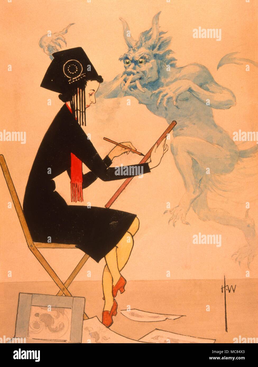 "El ogro de fealdad se ensaña con el artista' - pintura acuarela por Harry Warmsley, circa 1940. Foto de stock