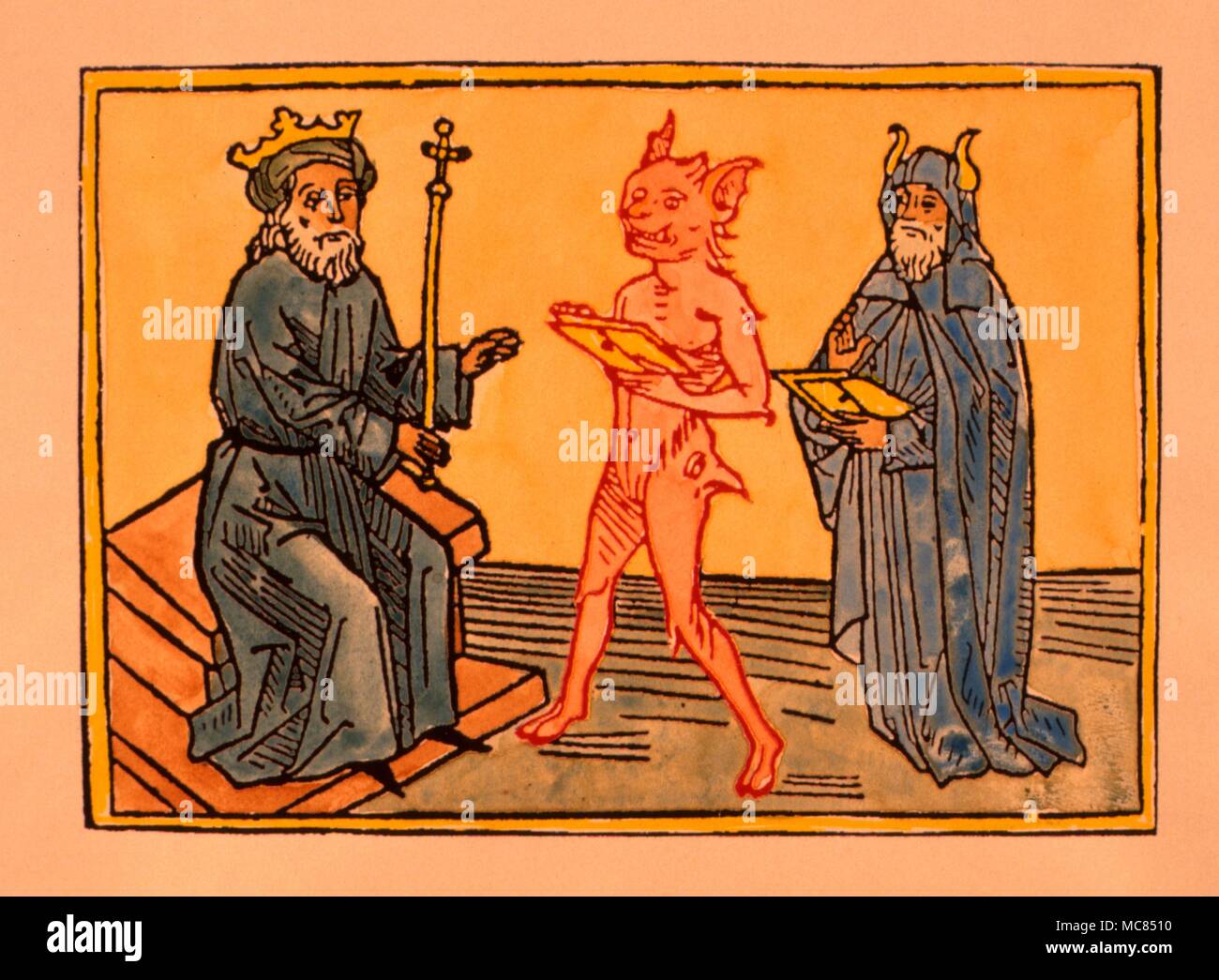 Un demonio de entregar las listas de 72 demonios a Salomón, del cual el Rey  lista compilada su famoso grimorio, "La clave de Salomón." xilografía de la  edición 1473 de Jacobus de