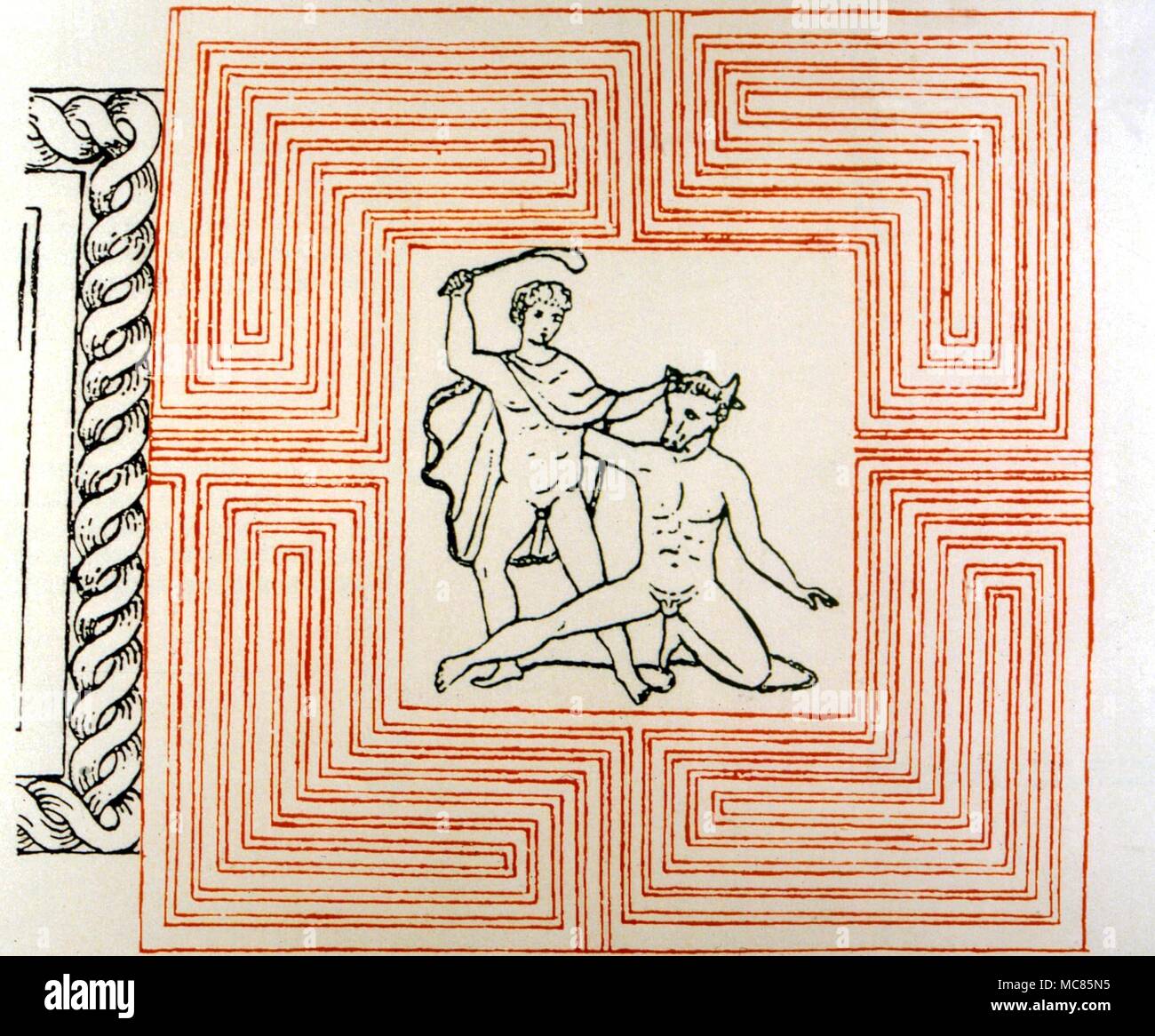 La mitología griega Teseo y el Minotauro en el Laberinto, después de una pintura en un jarrón Griego, reproducido en la 'Symbolik Creuzer und Mythologie der Altern Voelker', 1819. Foto de stock