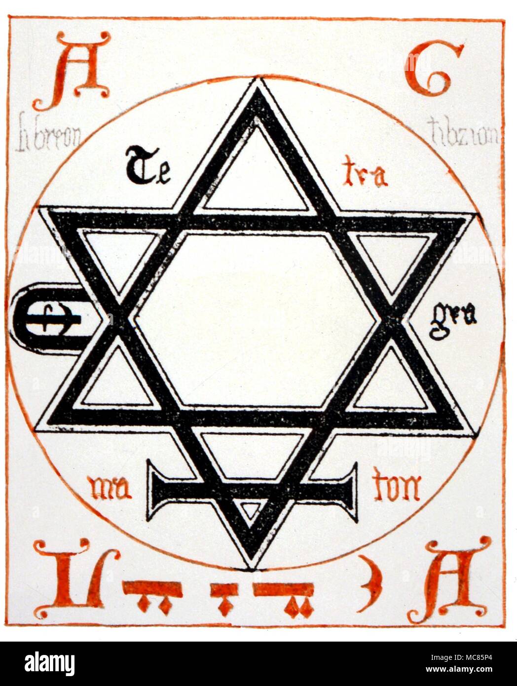 Grimorio la estrella de seis puntas o sello de Salomón, con las letras del  Tetragrámaton, utilizado en la evocación de los demonios. Después de un  manuscrito del siglo xiv grimorio Fotografía de