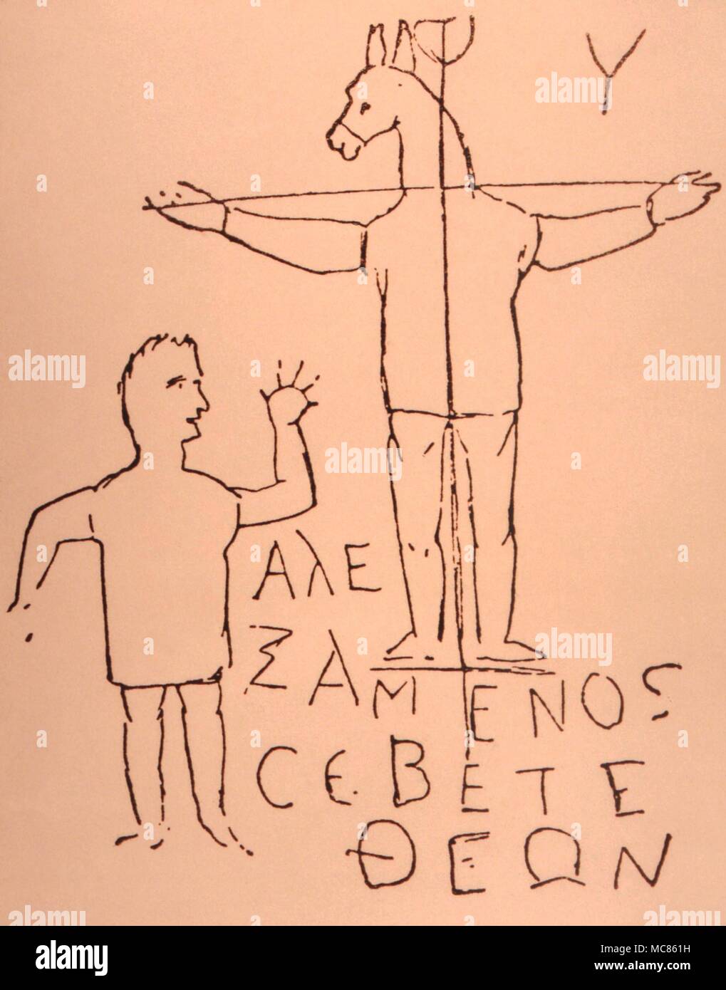 Grafito cristiana en el Palatino, dicho por algún especialista para representar a Cristo crucificado, pero es más probable que represente el gnóstica de Anubis. Después de Massey Foto de stock