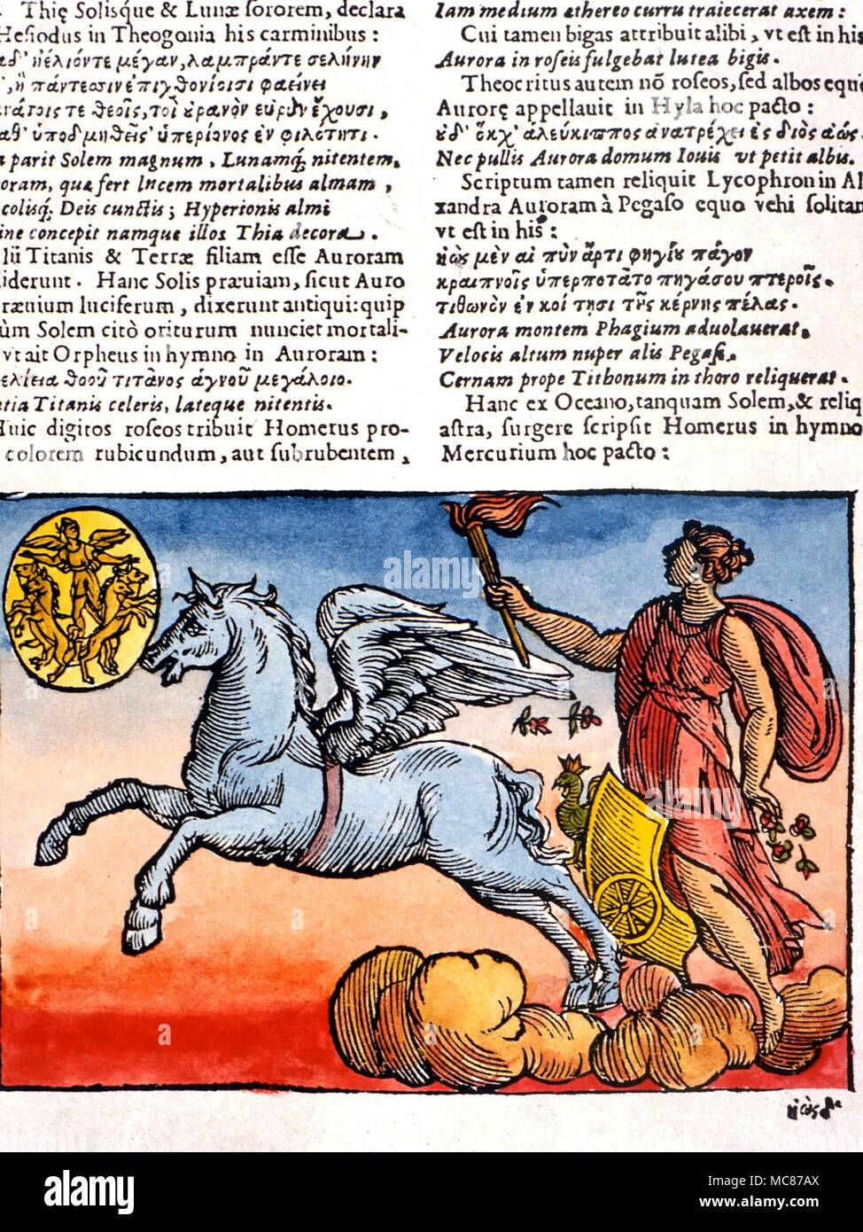El caballo alado Pegaso, Pegasus, dibujo del carro del amanecer, o la Aurora. Desde el siglo XVII 'Mythologiae' de Comitis Foto de stock