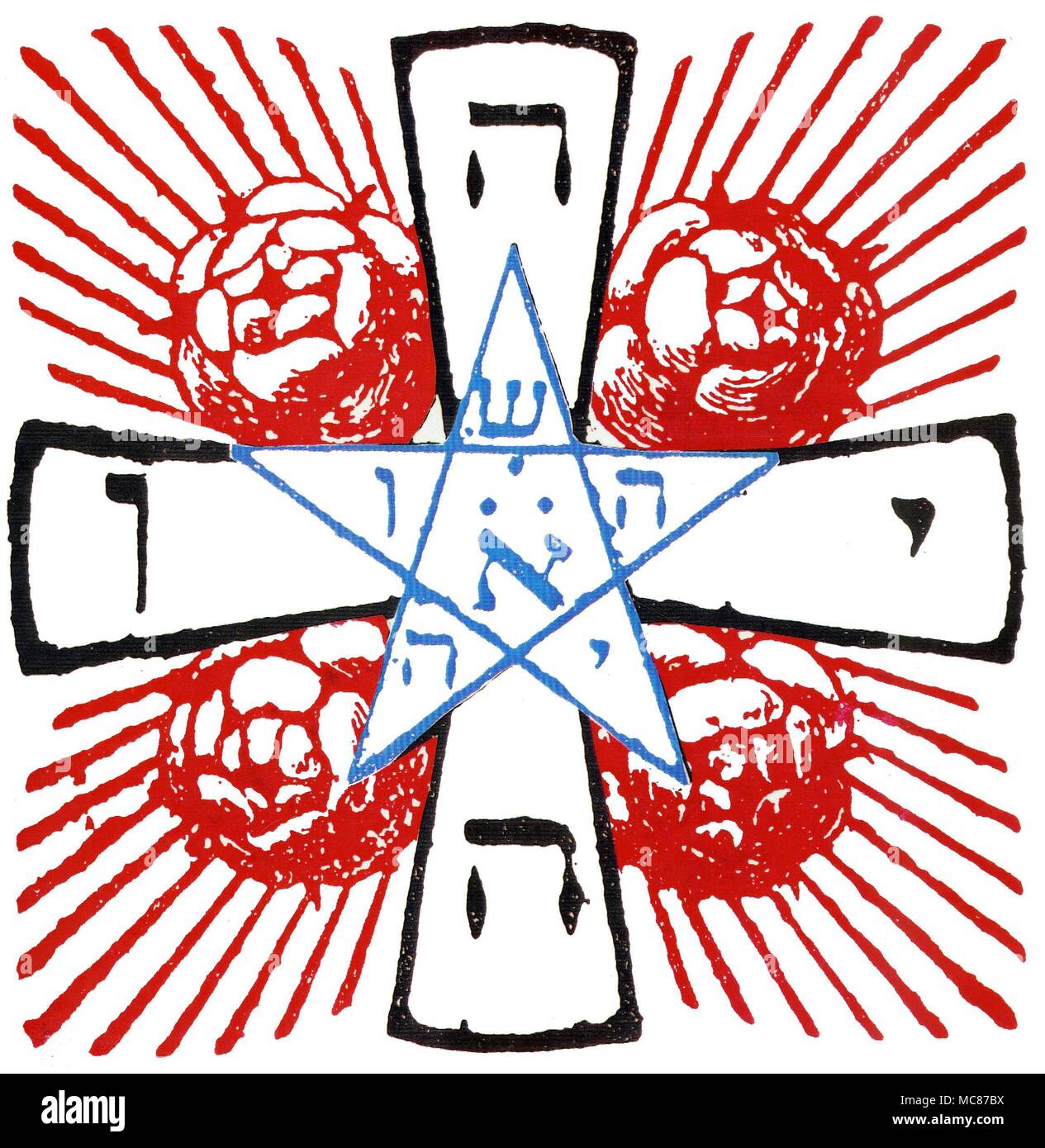 Símbolos: LA CRUZ ROSACRUCES Rosacruces cruz diseñado por Stanislas de Guaita en 1888, y reproducida por Oswald Wirth en Le Tarot des Imagiers du Moyen Age, 1927. Las cuatro letras del Tetragrámaton, que componen el nombre hebreo de Dios, marcar los brazos de la cruz. Las cinco letras en los triángulos de los pentagram componen el nombre Jehousha o a Jesús, el "Dios". El Aleph, central o una letra hebrea es simbólico de Adán, el primer hombre, que cayó, y que fue redimido por Cristo. La palabra rosacruces se cree que es una combinación del latín ros (que significa tanto Rosa y Rocío) y Foto de stock
