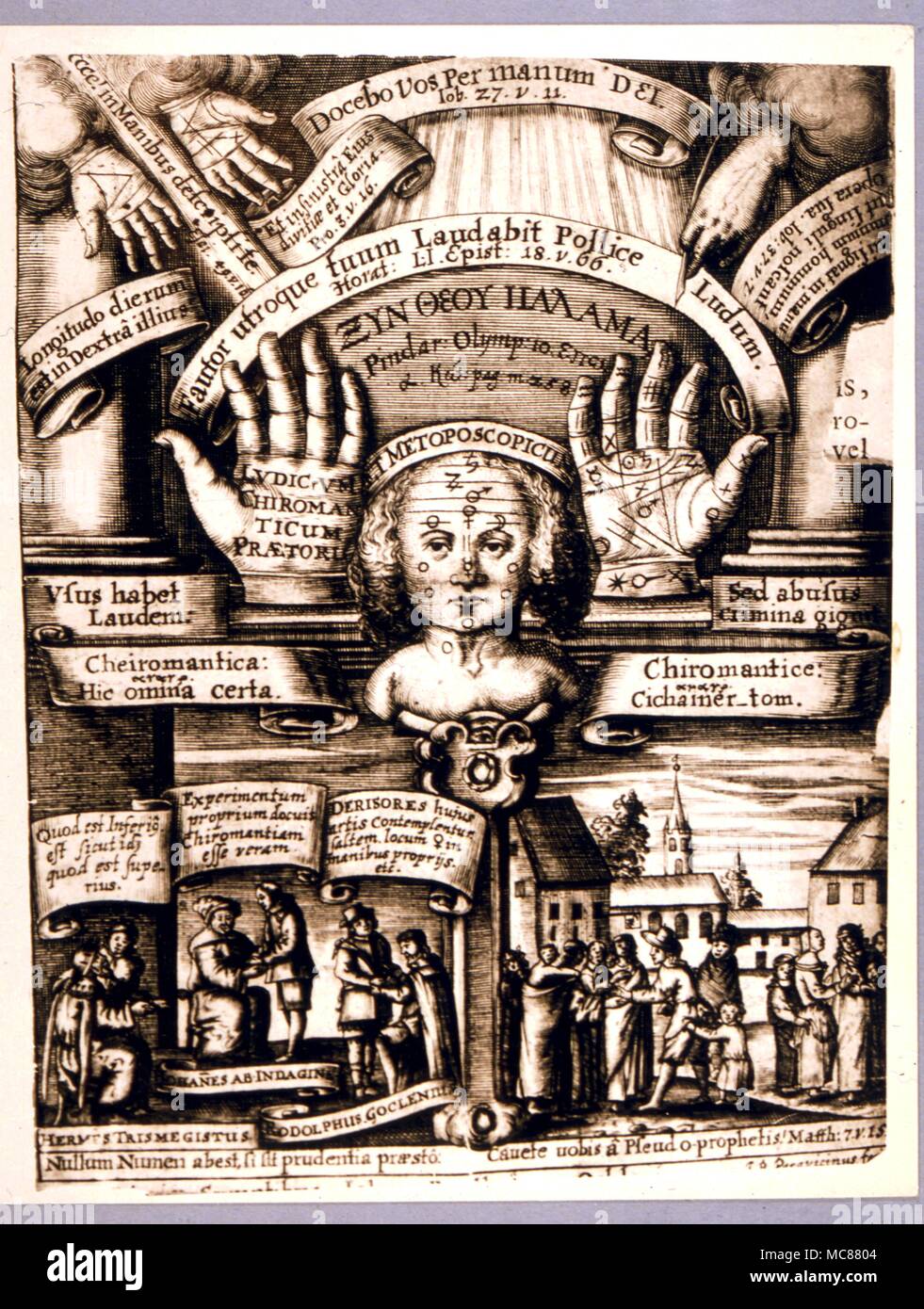 Adivinacion quiromancia frontispicio de Johannes Praetorius 'Ludicrum Chiromanticum' Jena 1661 Foto de stock
