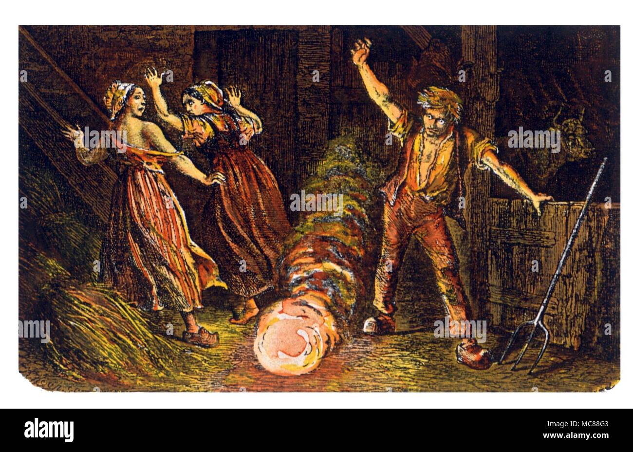 Extraños fenómenos disparan bolas Fireball rayas en un pesebre en Francia. Grabado en color de la edición de 1866 W de Fonville's Tonerre Foto de stock