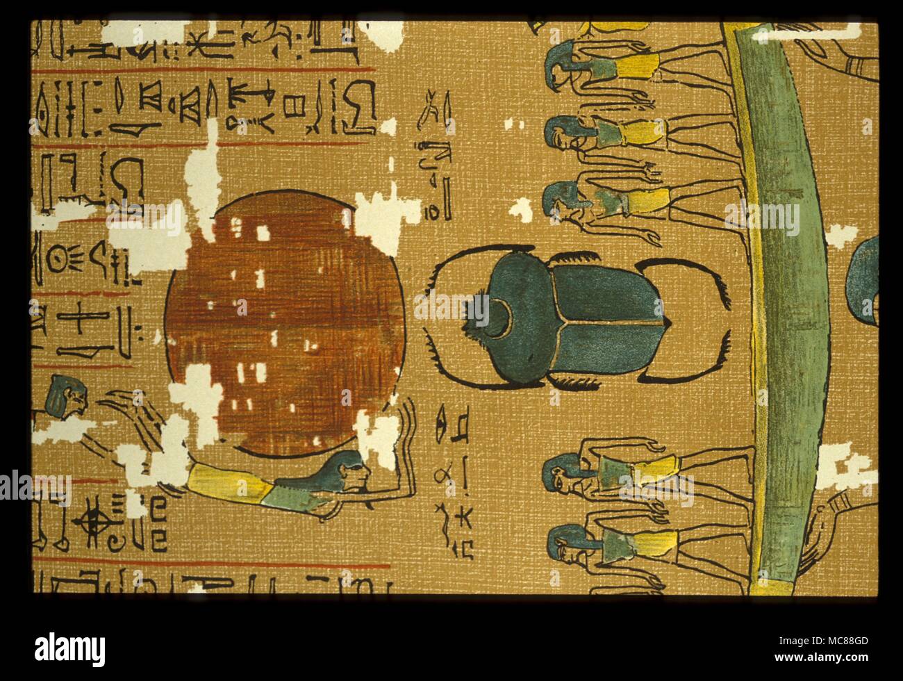 Mito egipcio - Escarabajo sagrado Nu elevar el barco que contiene el escarabajo sagrado y el disco solar. El Papiro de Anhai lito-gráfico en el siglo xix - copia del libro de los Muertos egipcio. Foto de stock