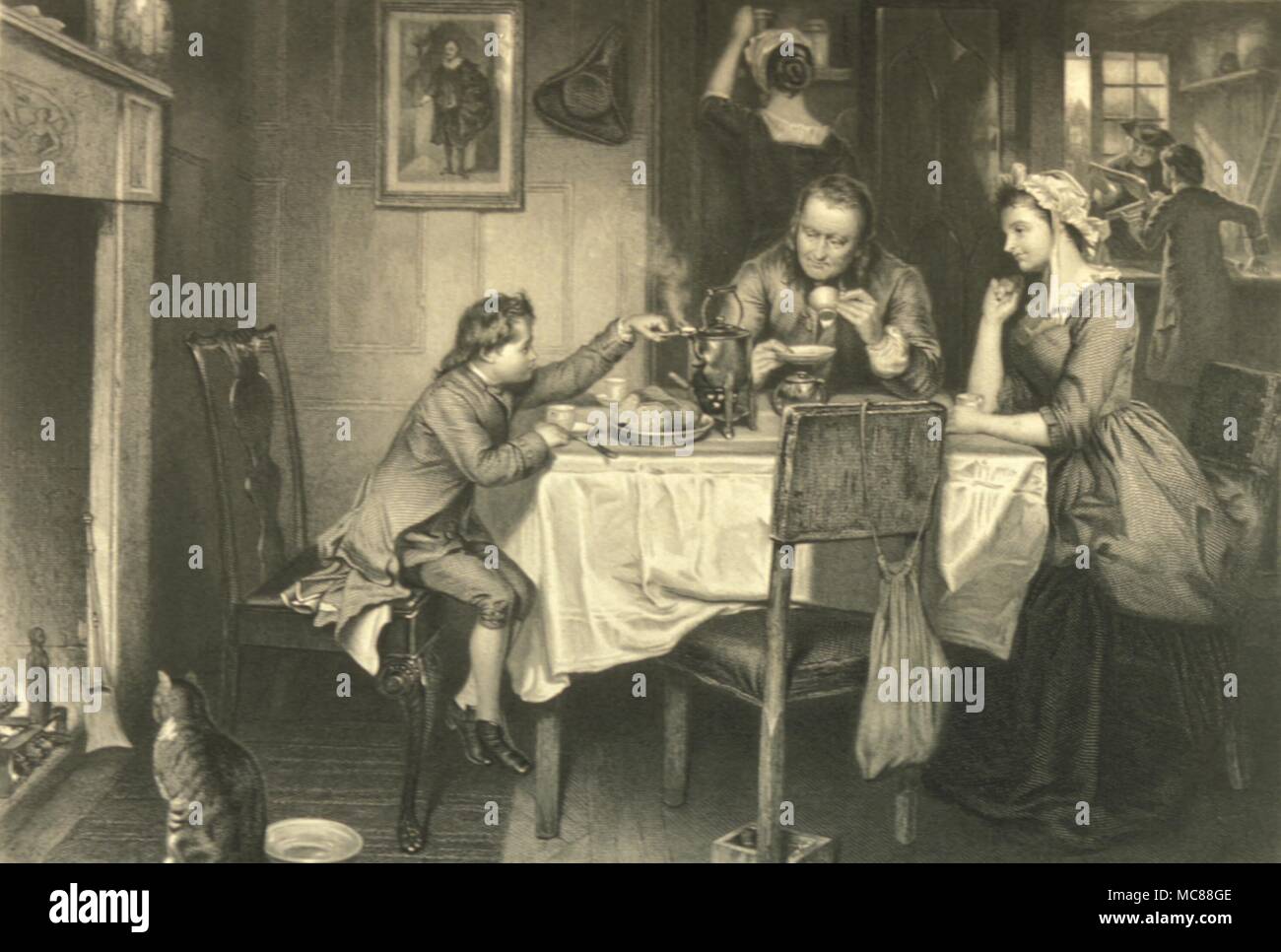 Historia - El joven británico James Watt experimentando con vapor durante la comida familiar. Grabado en madera de alrededor de 1870. Foto de stock