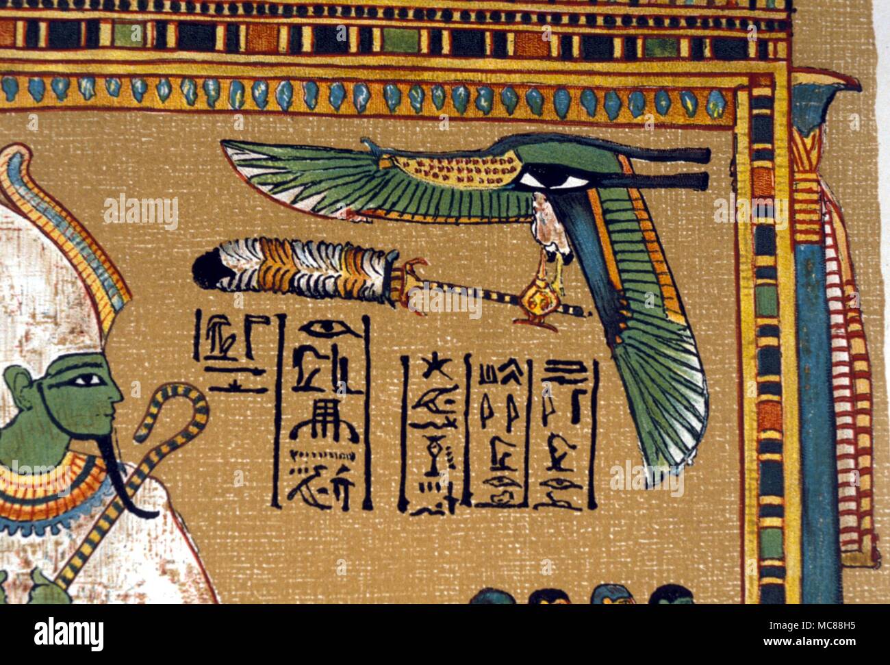 Mito egipcio - serpiente alada serpiente alada - Detalle de la escena de Osiris entronizado dentro de un santuario. El Papiro de Hunefer el egipcio libro de los muertos. Siglo xix copia litográfica. Foto de stock
