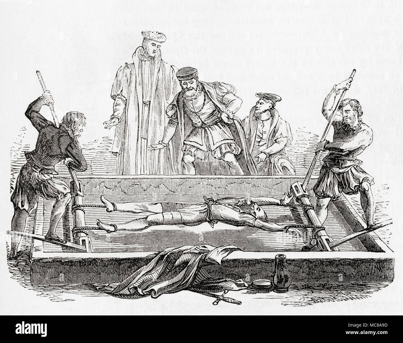 Cuthbert Symson Simpson, también, Simson o Symion, torturado en el rack en la Torre de Londres, durante la persecución de Marian, 1558. Él fue quemado en Smithfield en el mismo año, junto con otros dos mártires protestantes. Desde Inglaterra vieja: un museo pictórico, publicado 1847. Foto de stock