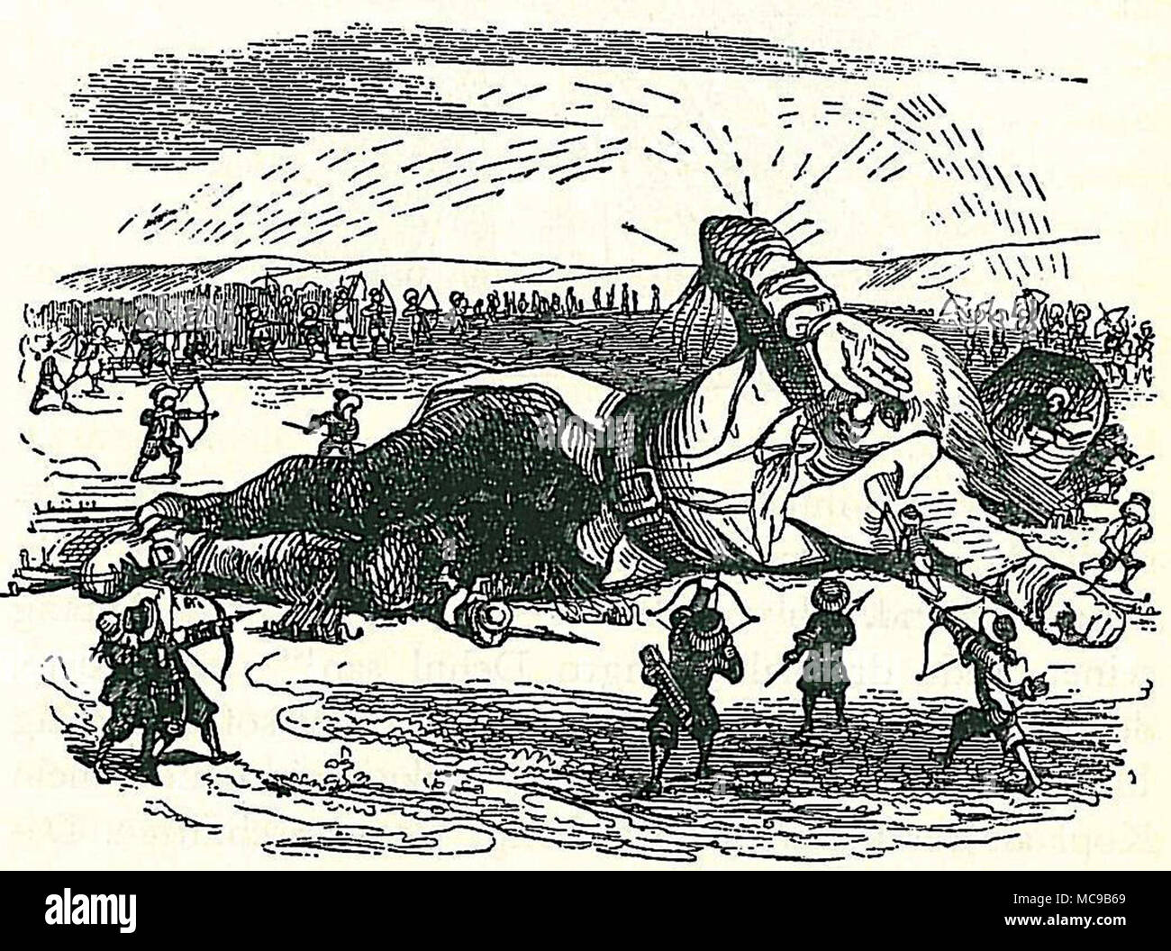 Gulliver capturados por los liliputienses, ilustración de la novela de Jonathan Swift los viajes de Gulliver por Grandville Foto de stock