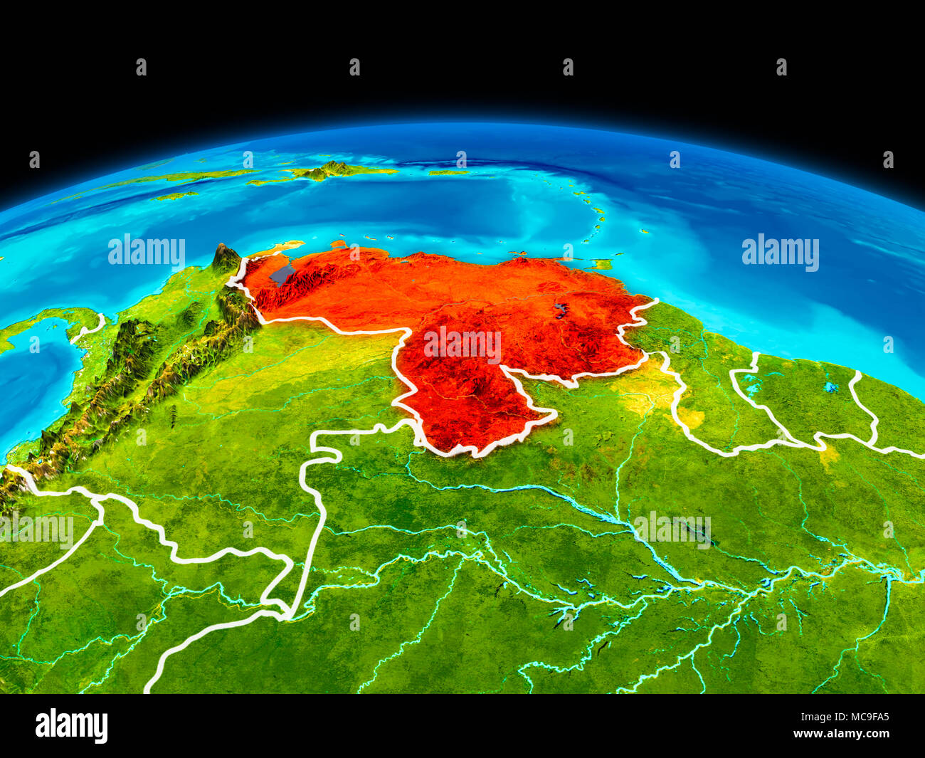 Vista satélite de Venezuela resaltada en rojo en el planeta Tierra con líneas divisorias. Ilustración 3D. Los elementos de esta imagen proporcionada por la NASA. Foto de stock