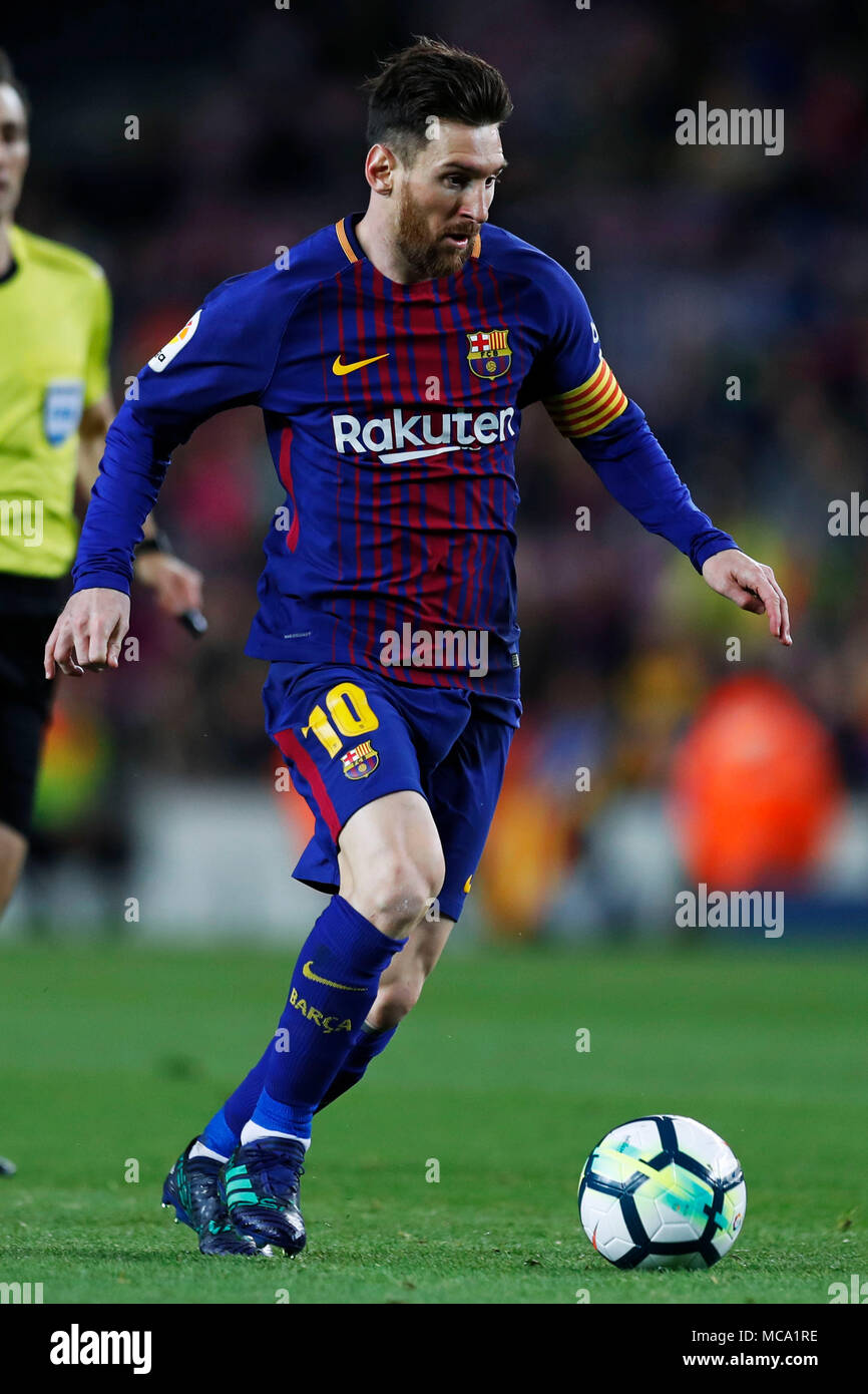Barcelona, España. Crédito: D. 7 abr, 2018. Lionel Messi (Barcelona) fútbol/ Soccer : Español de Primera División "Liga Santander' partido el FC Barcelona 3-1 CD Leganés el estadio Camp Nou de