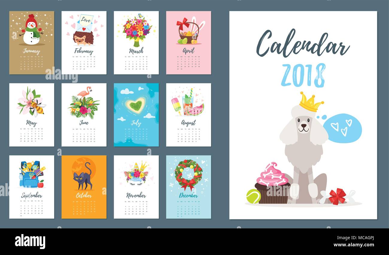 Vector ilustración del estilo de dibujos animados de 2018 perro año  calendario mensual. Plantilla para imprimir. Diferentes símbolos del mes en  cada página Imagen Vector de stock - Alamy
