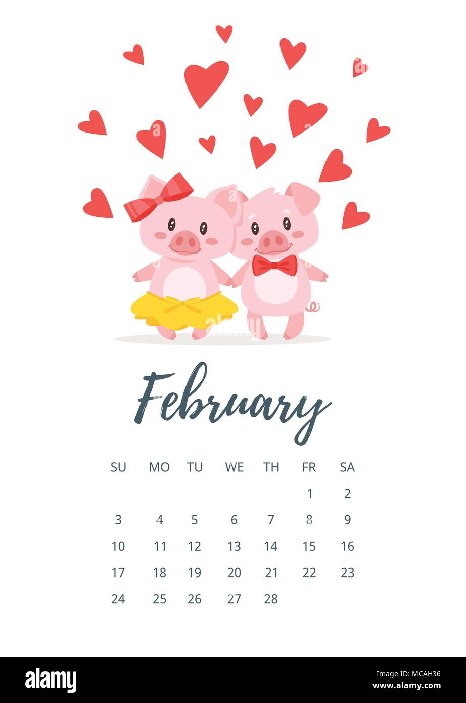 Ilustración del estilo de dibujos animados de vectores de febrero 2019 año  calendario página con cerdo lindo par en amor con corazones alrededor.  Plantilla para imprimir Imagen Vector de stock - Alamy