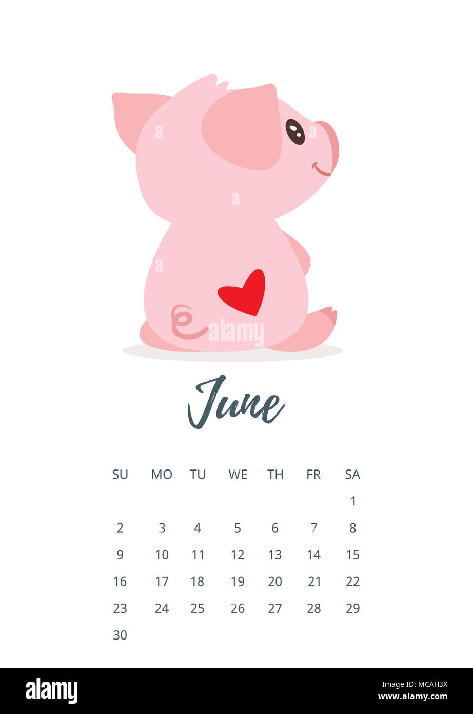 Ilustración del estilo de dibujos animados de vectores de JUNIO 2019 año  calendario página con lindo cerdo rosado sentado atrás con el corazón en la  espalda. Plantilla para imprimir Imagen Vector de