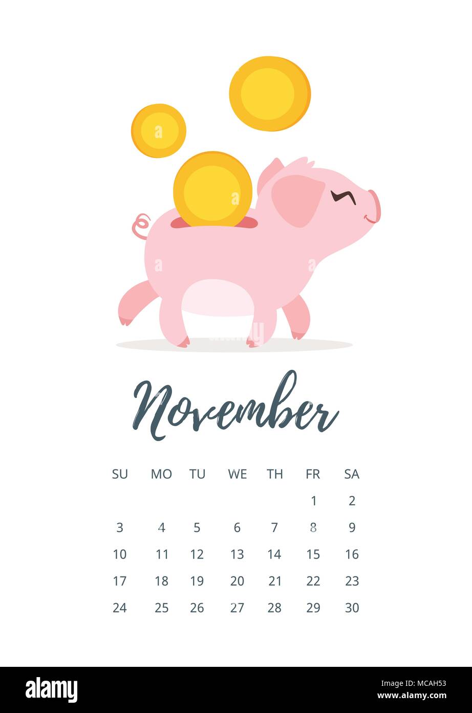 Ilustración del estilo de dibujos animados de vectores de noviembre de 2019  calendario del año página con alcancía bonita caminando con monedas de oro.  Plantilla para imprimir Imagen Vector de stock - Alamy