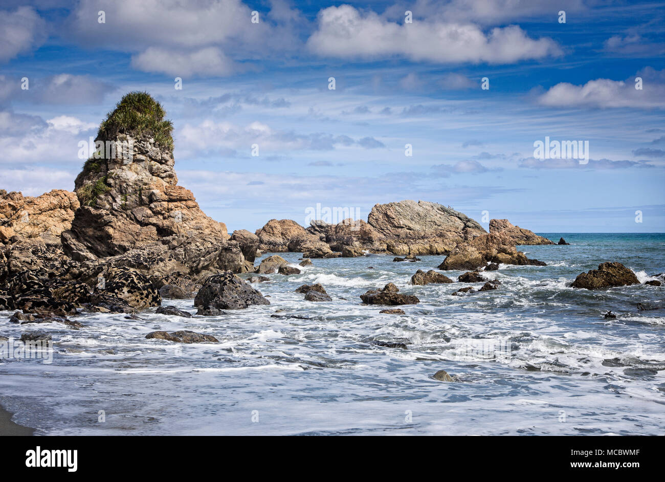 Las pilas y las rocas en la accidentada región de la Costa Oeste de la Isla del Sur, Nueva Zelanda. Foto de stock