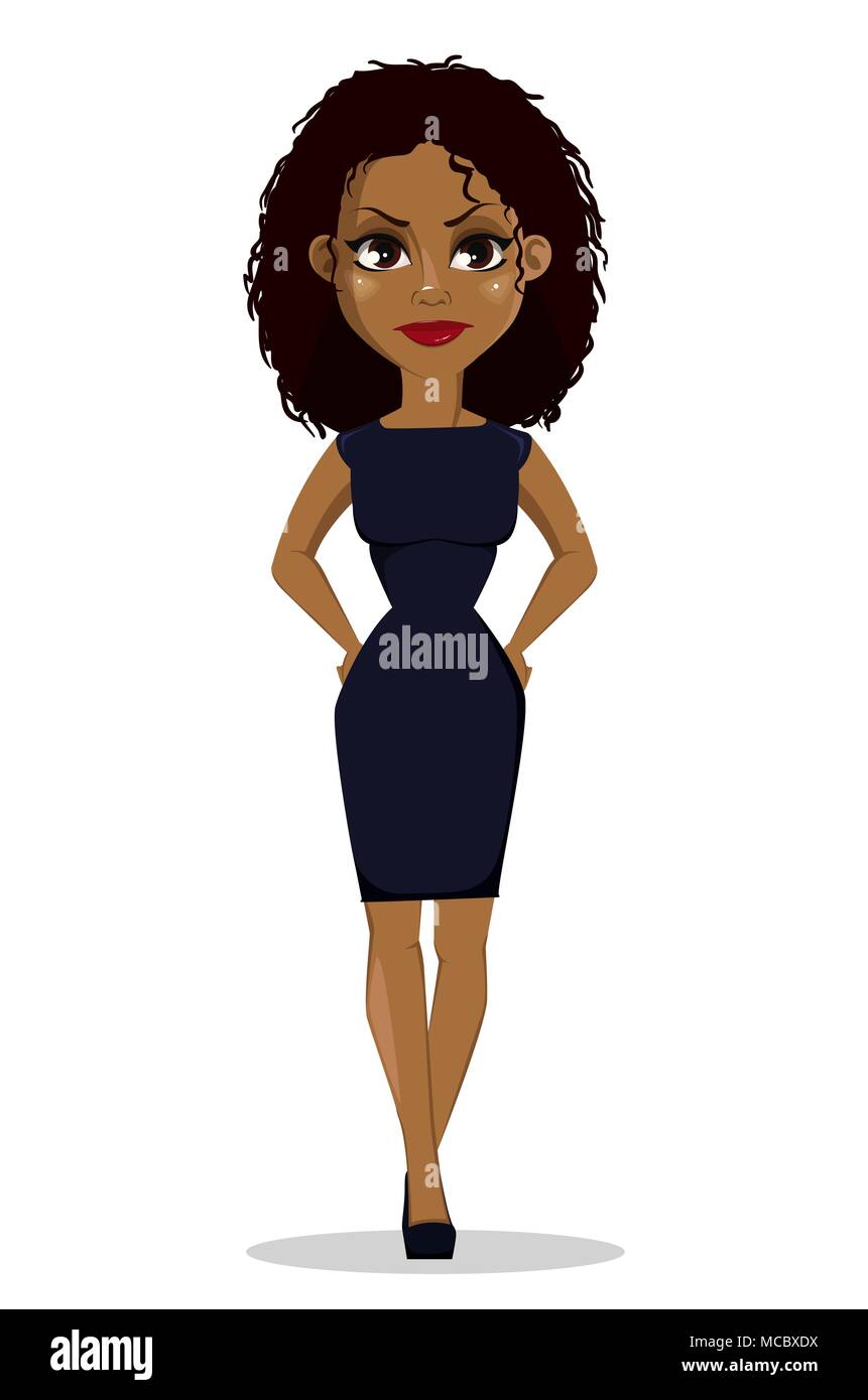 Mujer de negocios americano africano personaje de dibujos animados. Hermosa  joven empresaria en smart ropa casual de pie con las manos en las caderas.  Vector illustrat Imagen Vector de stock - Alamy