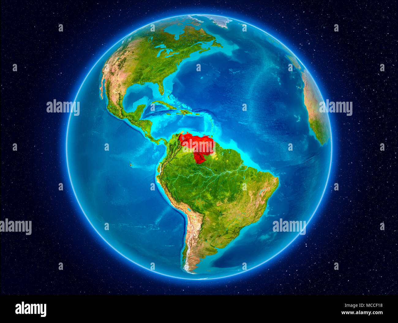 Venezuela en rojo desde la órbita de la tierra. Ilustración 3D. Los elementos de esta imagen proporcionada por la NASA. Foto de stock