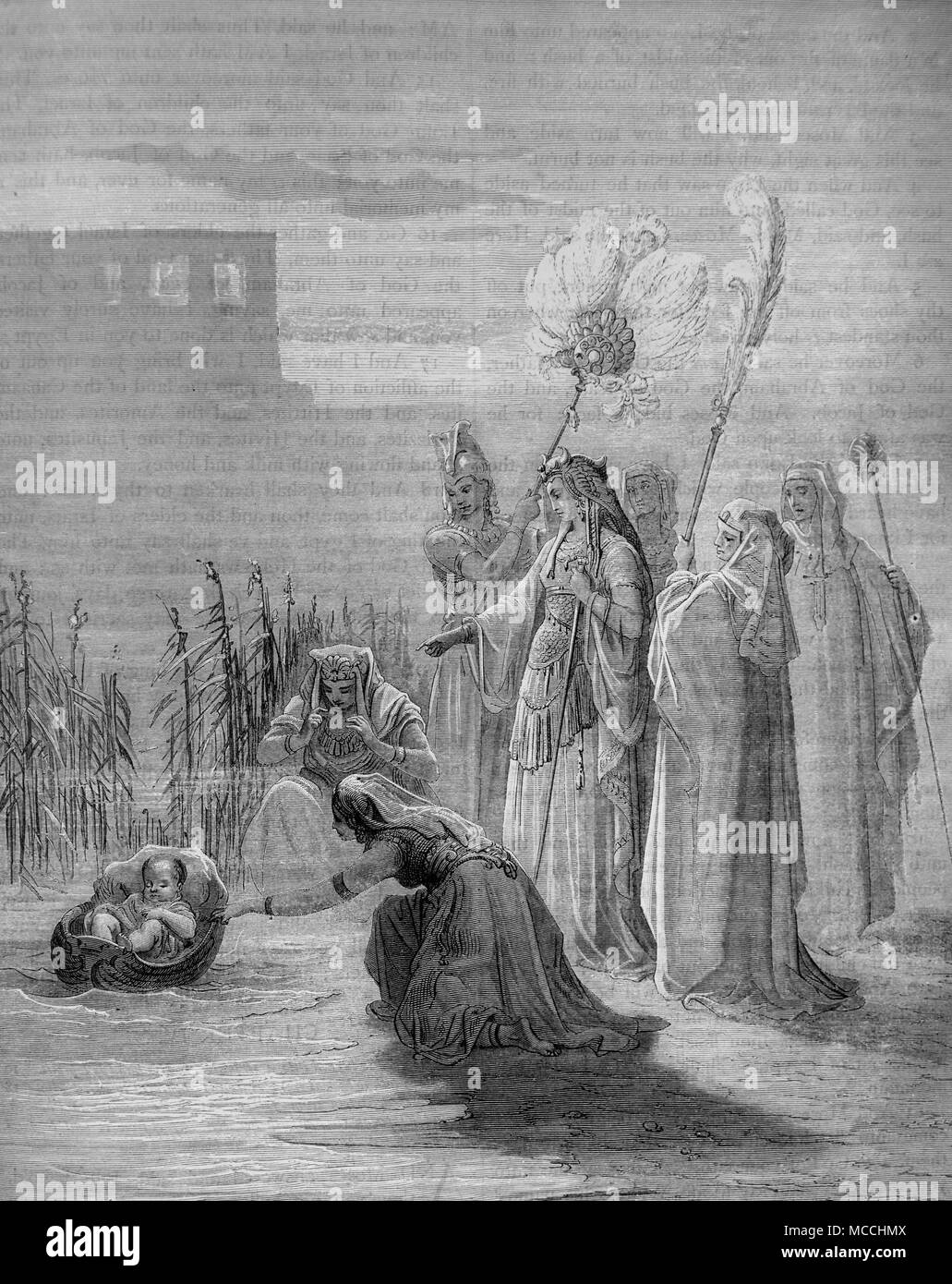 El hallazgo de Moisés en el río Nilo. Ilustración de la Biblia por Gustave Doré Foto de stock