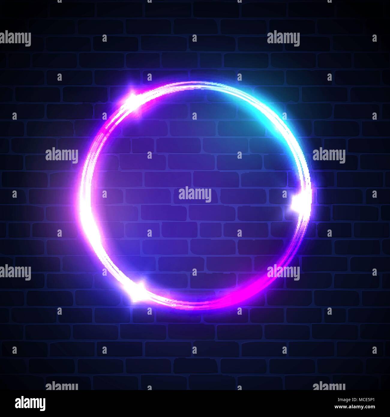 Círculo iluminado con luces de neón en la pared de ladrillo oscuro Imagen  Vector de stock - Alamy