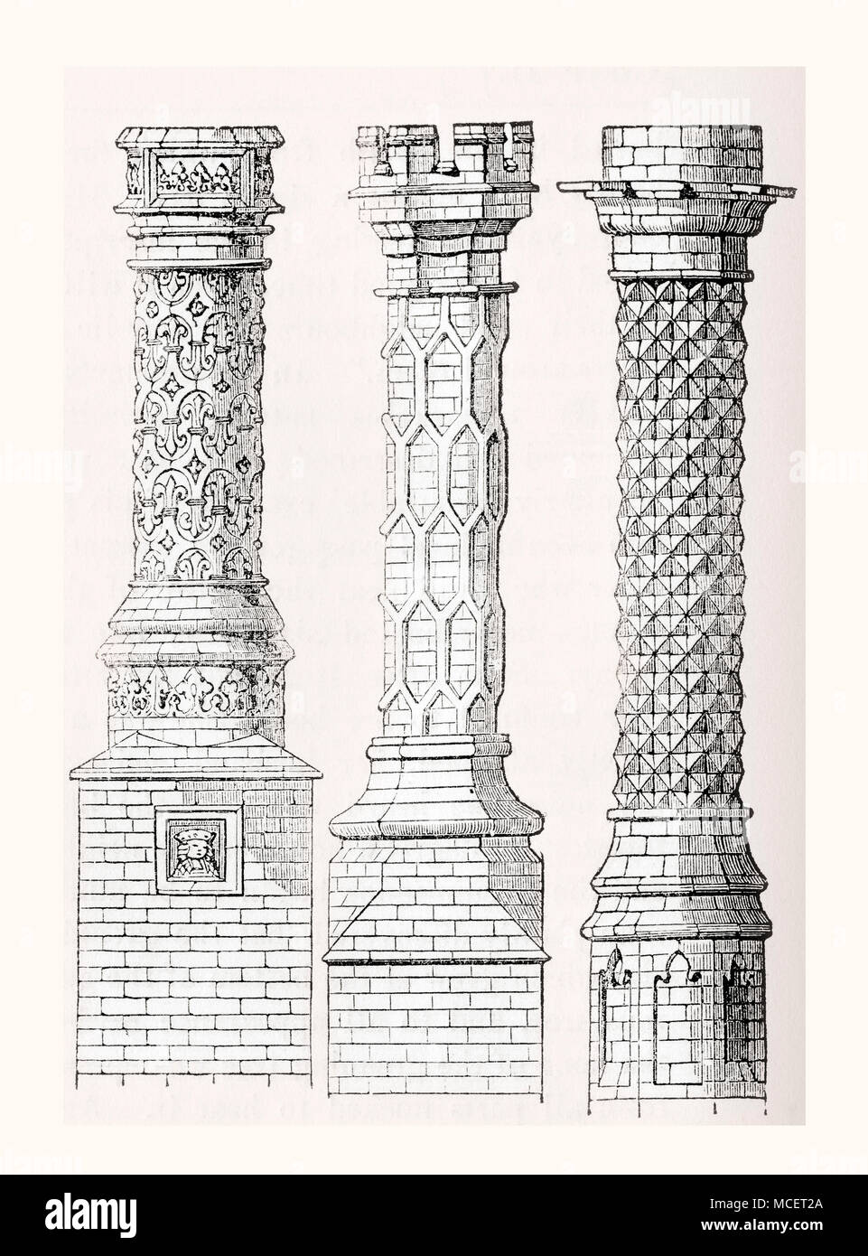 Las chimeneas de ladrillos ornamentales, de izquierda a derecha, East Barsham manor house, Hampton Court Palace, el Eton College. Desde Inglaterra vieja: un museo pictórico, publicado 1847. Foto de stock