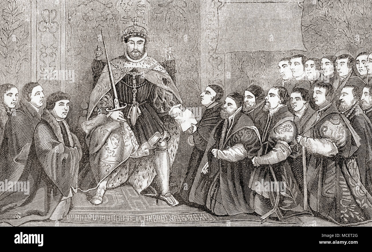 Henry VIII la concesión de la Carta Real a la compañía de barberos y el Gremio de cirujanos de su fusión en 1540. Una carta real es un documento oficial expedido por un monarca y otorga un título o un estado a una persona o grupo de personas. Enrique VIII, 1491 - 1547. El rey de Inglaterra. Después de la pintura de Hans Holbein. Desde Inglaterra vieja: un museo pictórico, publicado 1847. Foto de stock