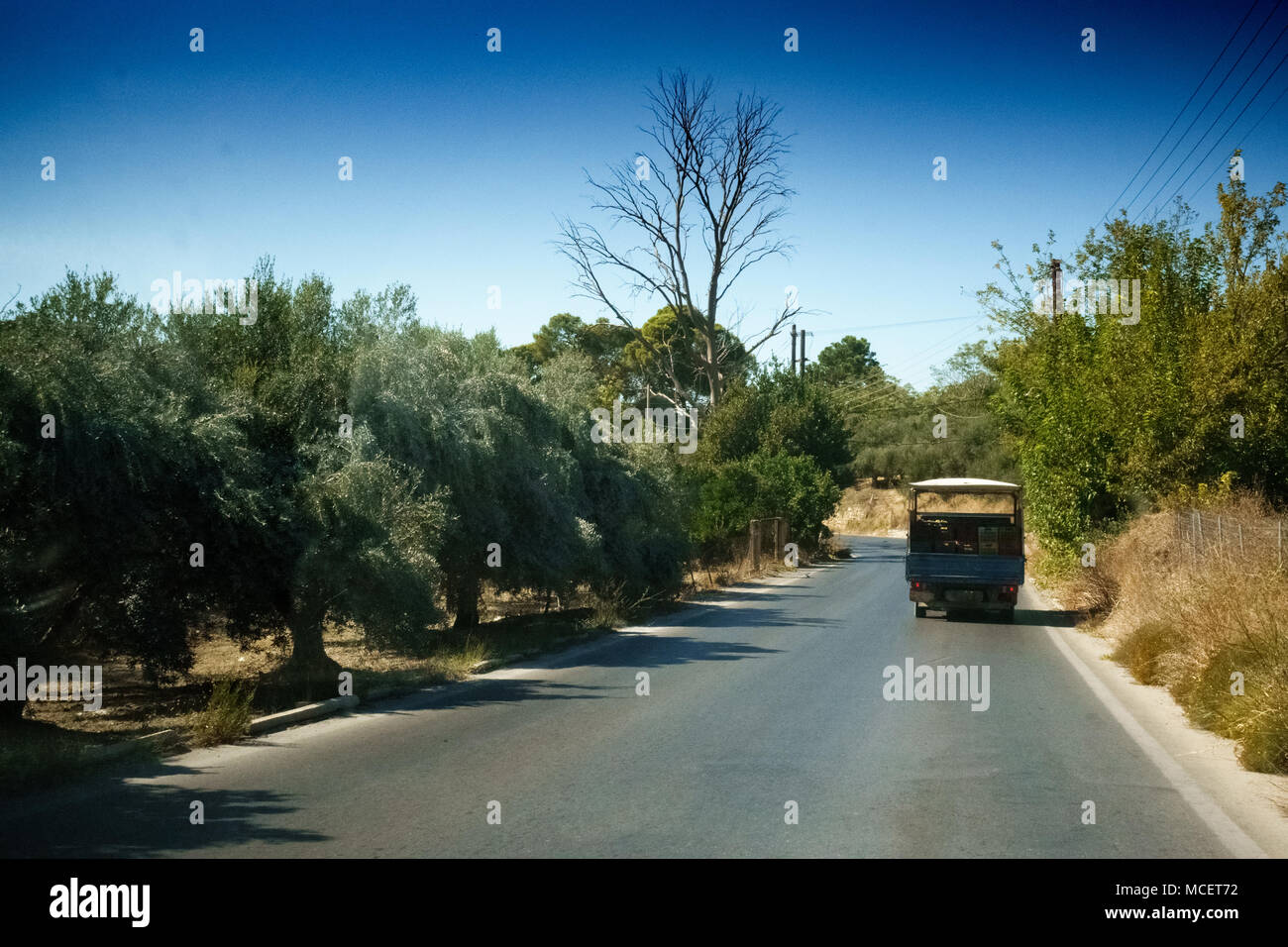 Carretilla en movimiento sobre la carretera rural a lo largo de bosque, Heraklion, Grecia Foto de stock