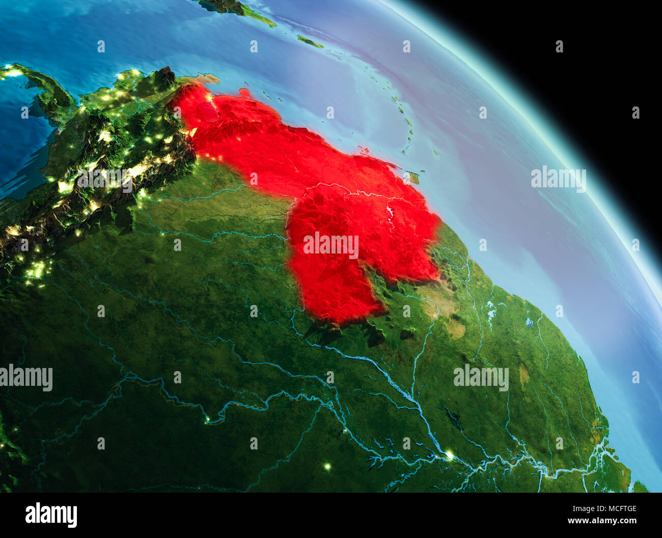Por la mañana vista satelital de Venezuela resaltada en rojo en el planeta Tierra. Ilustración 3D. Los elementos de esta imagen proporcionada por la NASA. Foto de stock