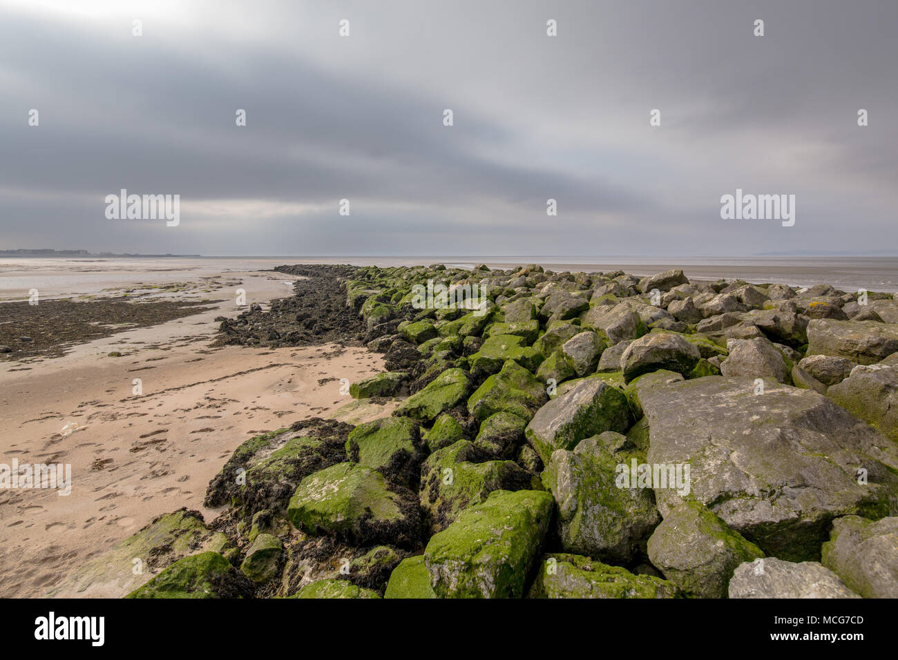 Rocoso cubierto de musgo rompeolas en la playa en Morecambe, Inglaterra, Reino Unido. Adoptada el 11 de abril de 2018. Foto de stock