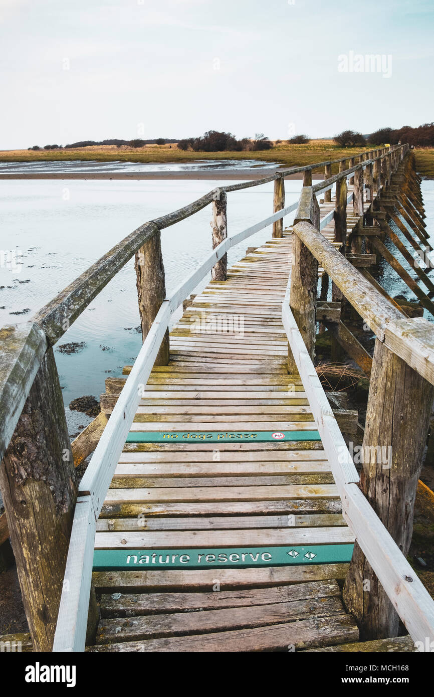 Vista de la pasarela de madera que conduce a Aberlady Bay Reserva Natural en la costa del Firth of Forth Estuary en East Lothian, Escocia, Reino Unido Foto de stock