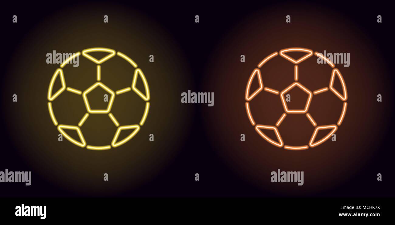 Balón de fútbol de neón en color naranja y amarillo. Ilustración vectorial de un balón de fútbol compuesto de contornos, con retroiluminación en el fondo oscuro Ilustración del Vector