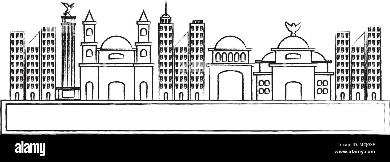 Boceto de carretera con edificios mexicanos sobre fondo blanco, ilustración vectorial Ilustración del Vector