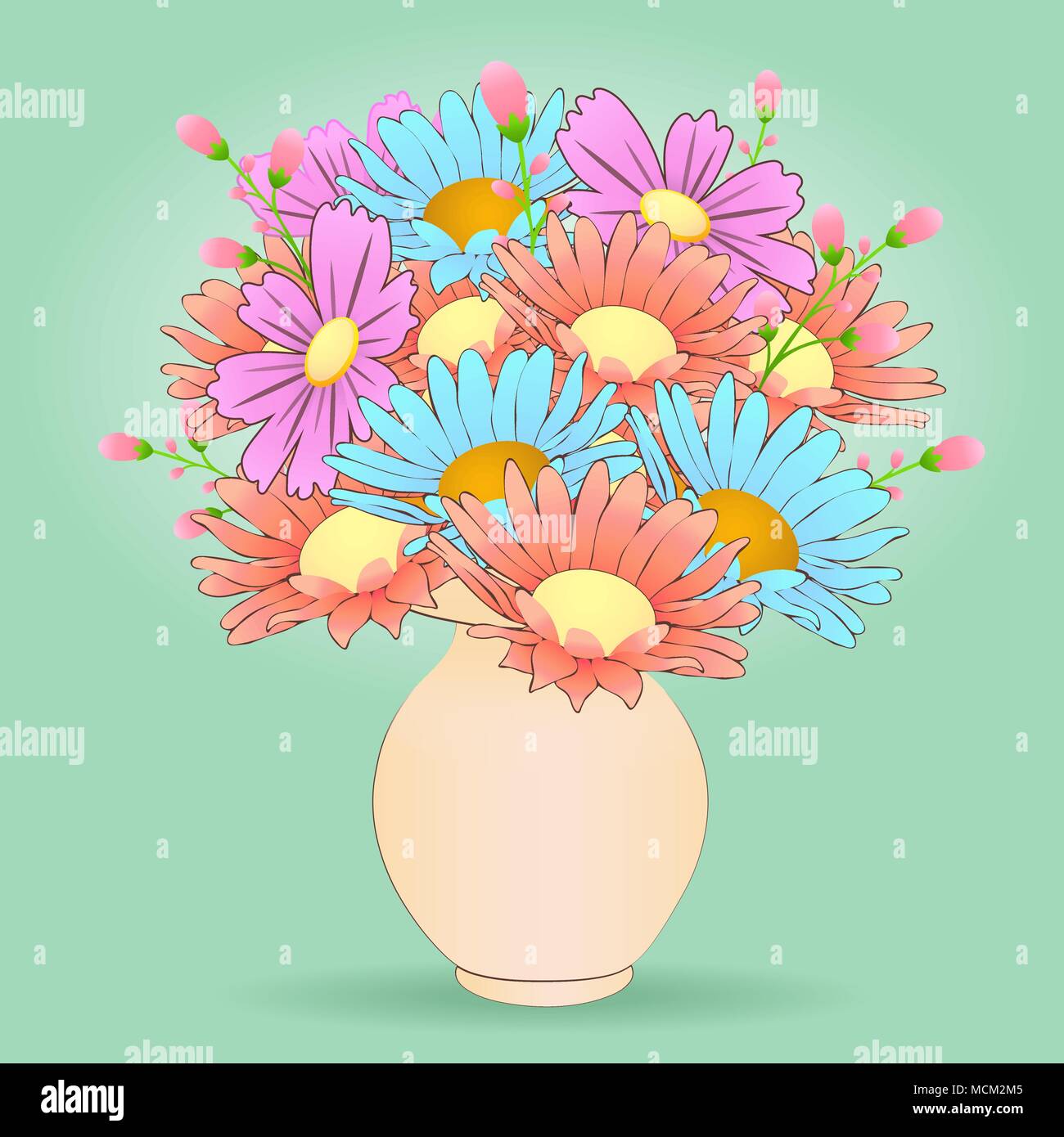 Ramo de flores en el florero de dibujos animados, vector dibujado a mano.  Meadow coloridos brotes multicolor de manzanilla y flores de color rosa en  jarrón beige aislado de pa Imagen
