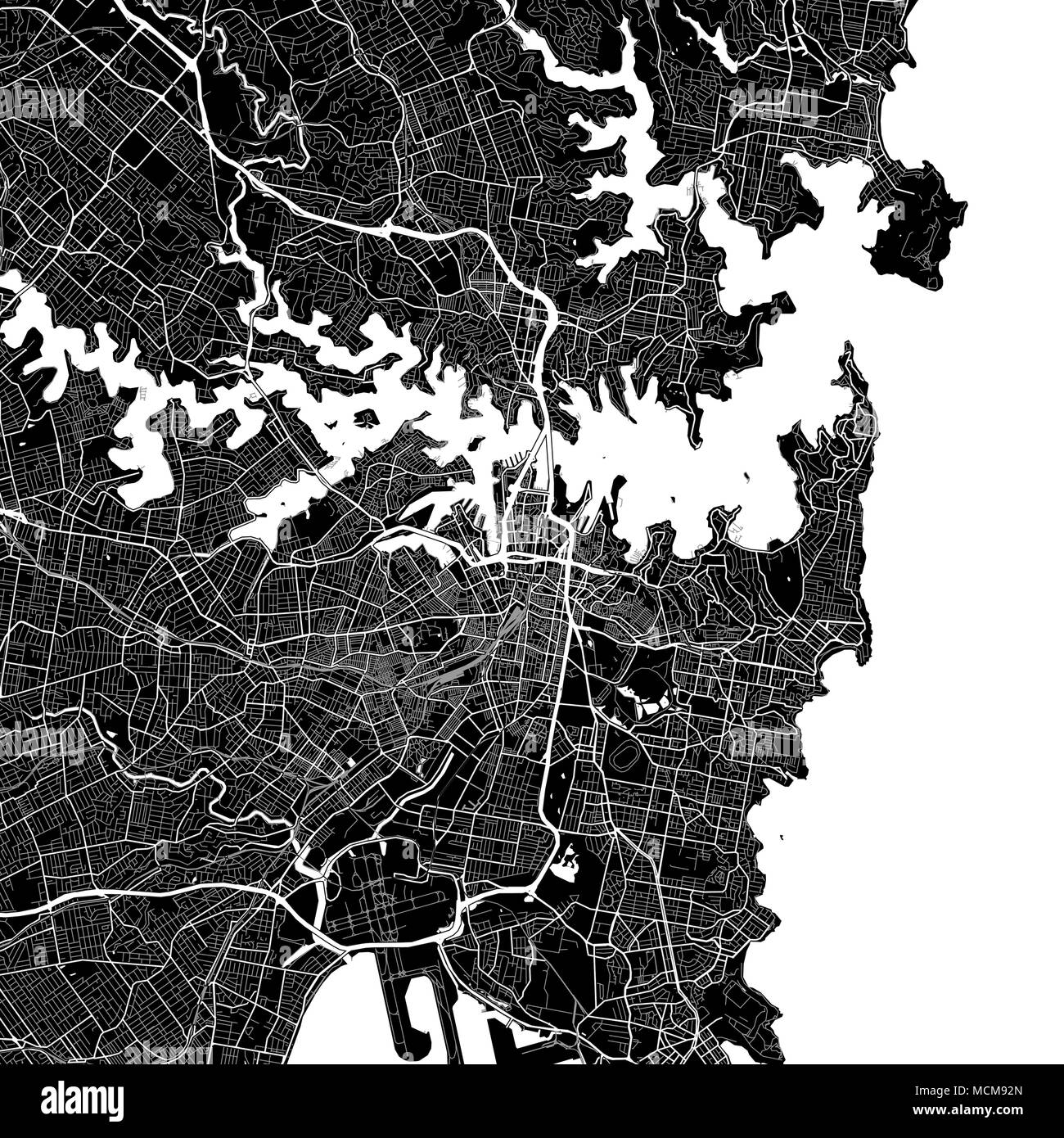 Mapa de la zona de Sydney, Australia. Fondo oscuro versión para infografía y proyectos de comercialización. Este mapa de Sydney, New South Wales, contiene l típica Ilustración del Vector