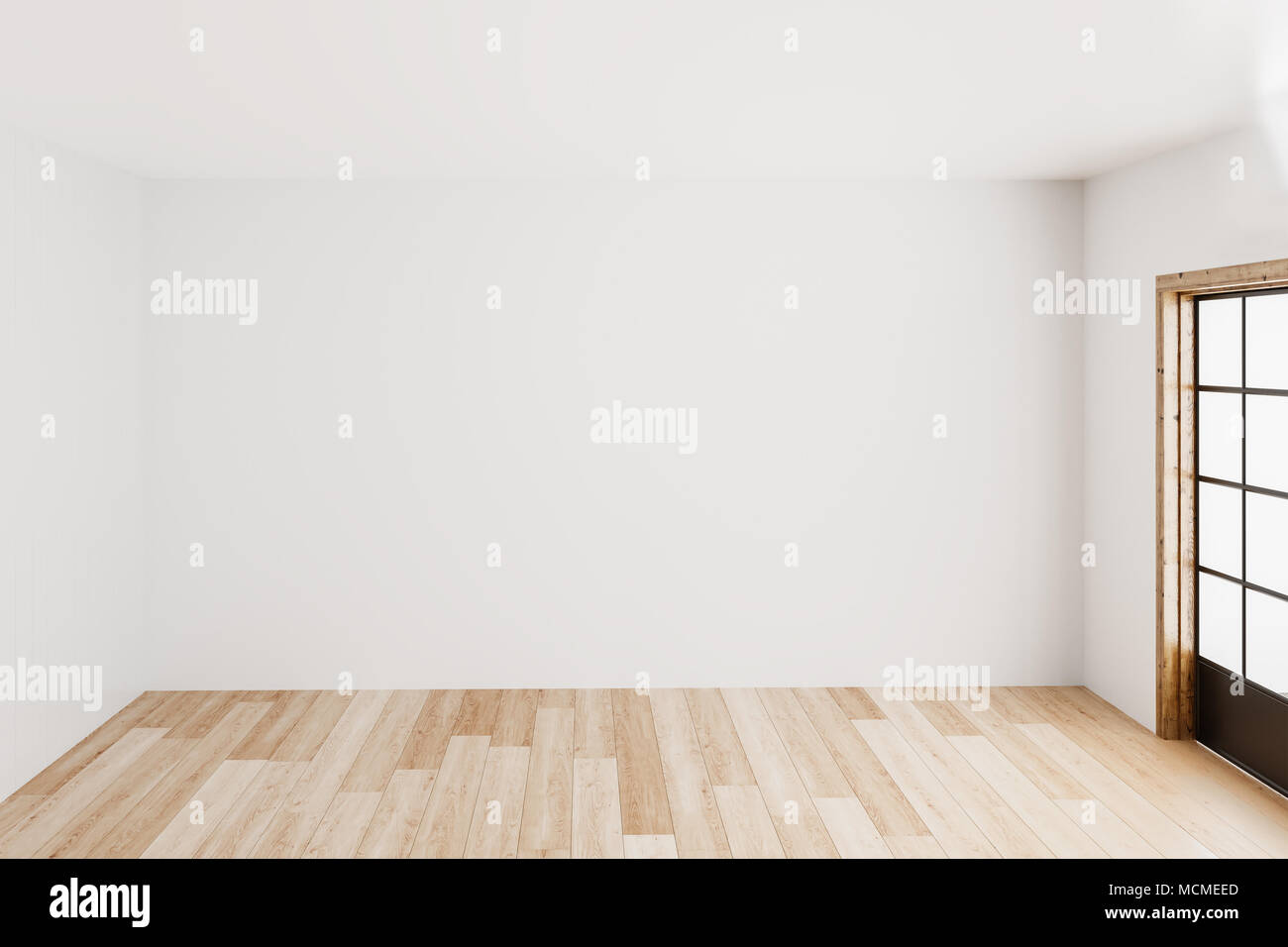 Habitación interior sencillo en blanco vacía de fondo de paredes blancas y piso de madera blanca de esquina,contemporáneo 3D rendering. Foto de stock