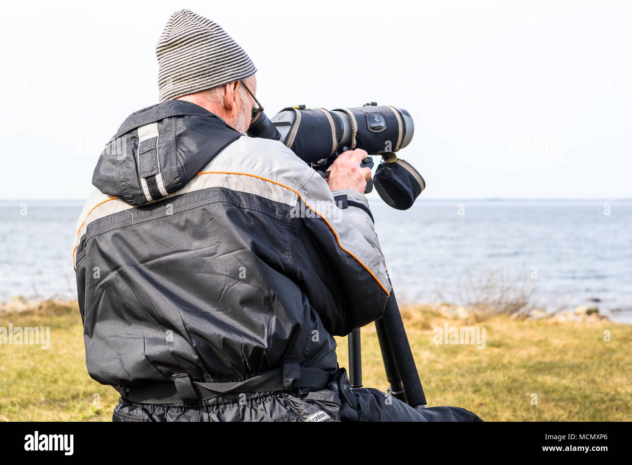 Stora ror, Suecia, 7 de abril de 2018: Documental de la vida cotidiana y el medio ambiente. Senior masculino ornitólogo buscando aves migratorias regresan en rep Foto de stock