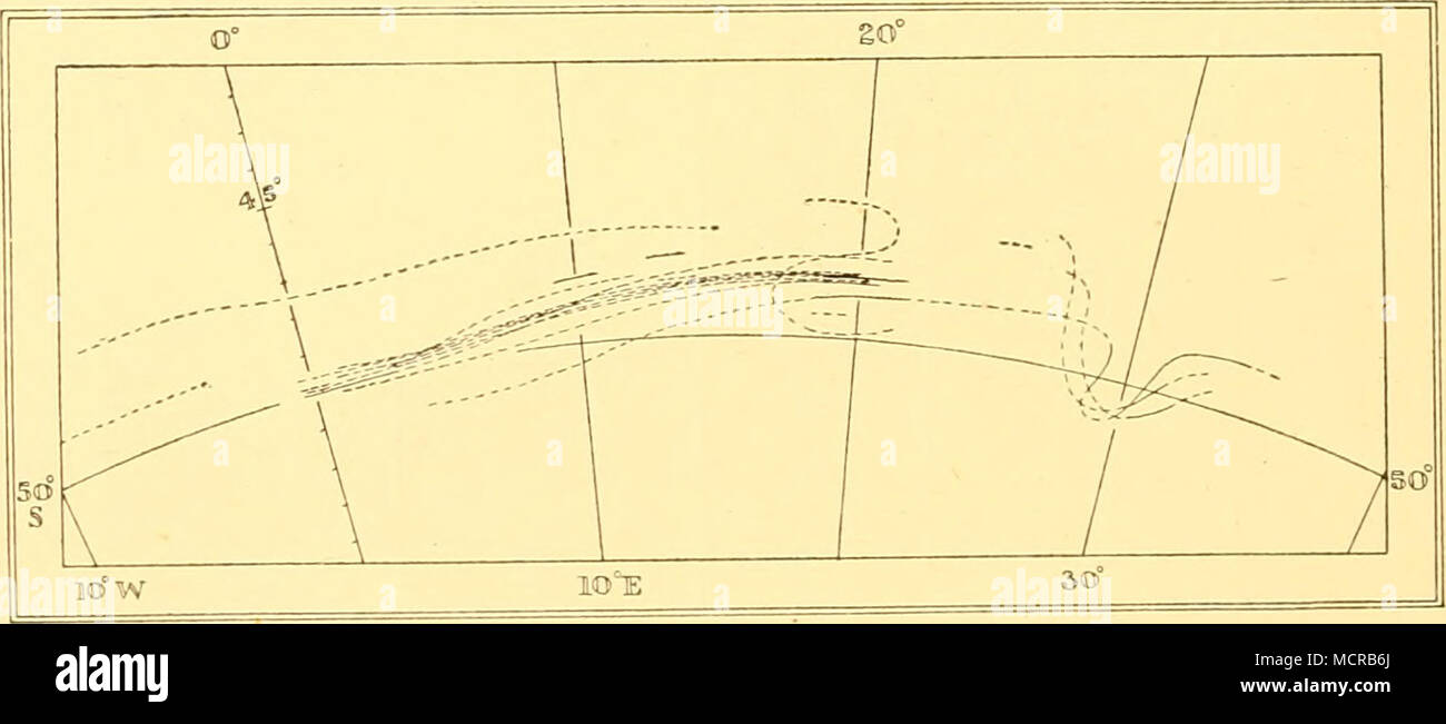 Fig. 3. Posiciones de la convergencia entre 10° W árido 40° E. consulte la  leyenda a la Fig. 2. Cabe destacar que la convergencia del océano austral  se divide en dos