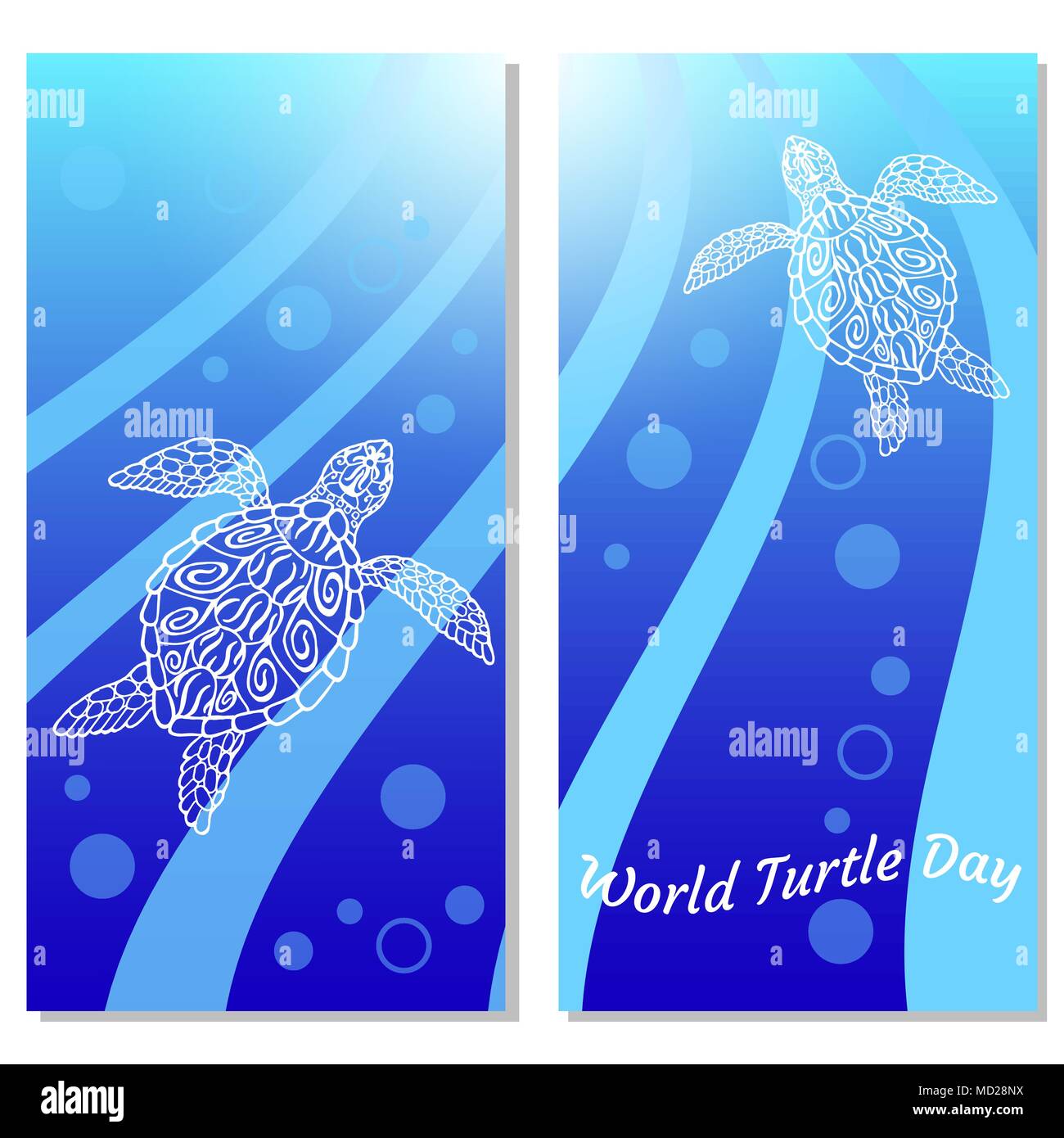 Día Mundial de la tortuga. Las tortugas de agua swim up. Burbujas, rayos de luz. Dibujo en estilo étnico aborigen. Fondo azul. Volantes para los participantes del evento. Ilustración del Vector