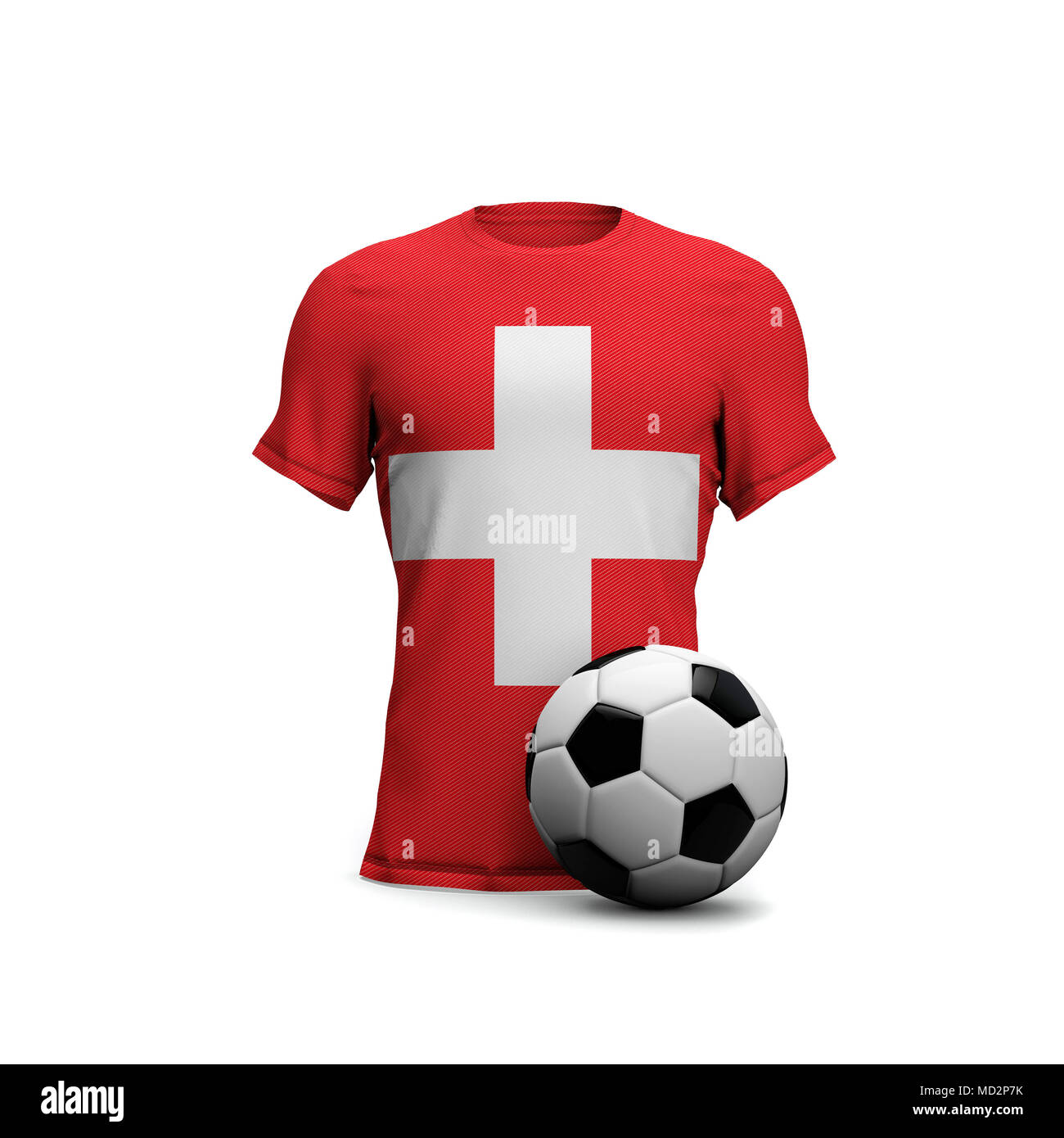 Suiza soccer shirt con la bandera nacional y pelota de fútbol. 3D Rendering Foto de stock