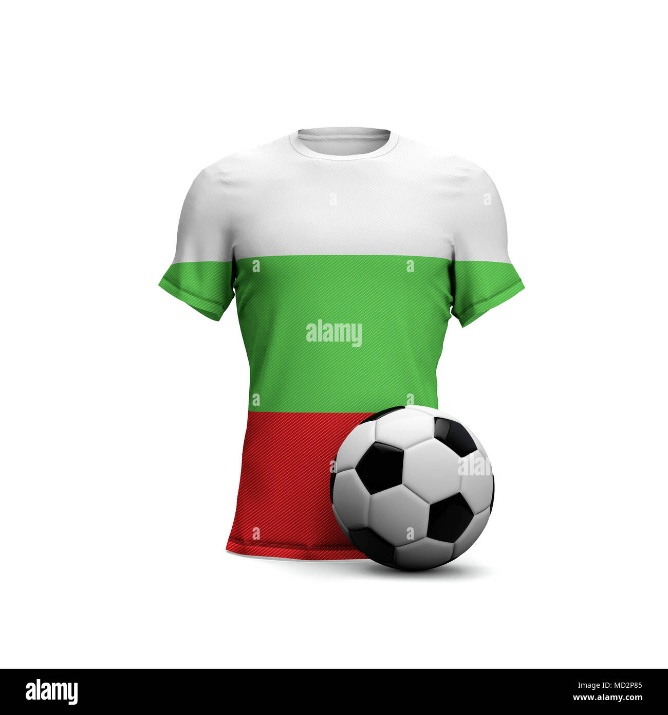 Bulgaria soccer shirt con la bandera nacional y pelota de fútbol. 3D Rendering Foto de stock