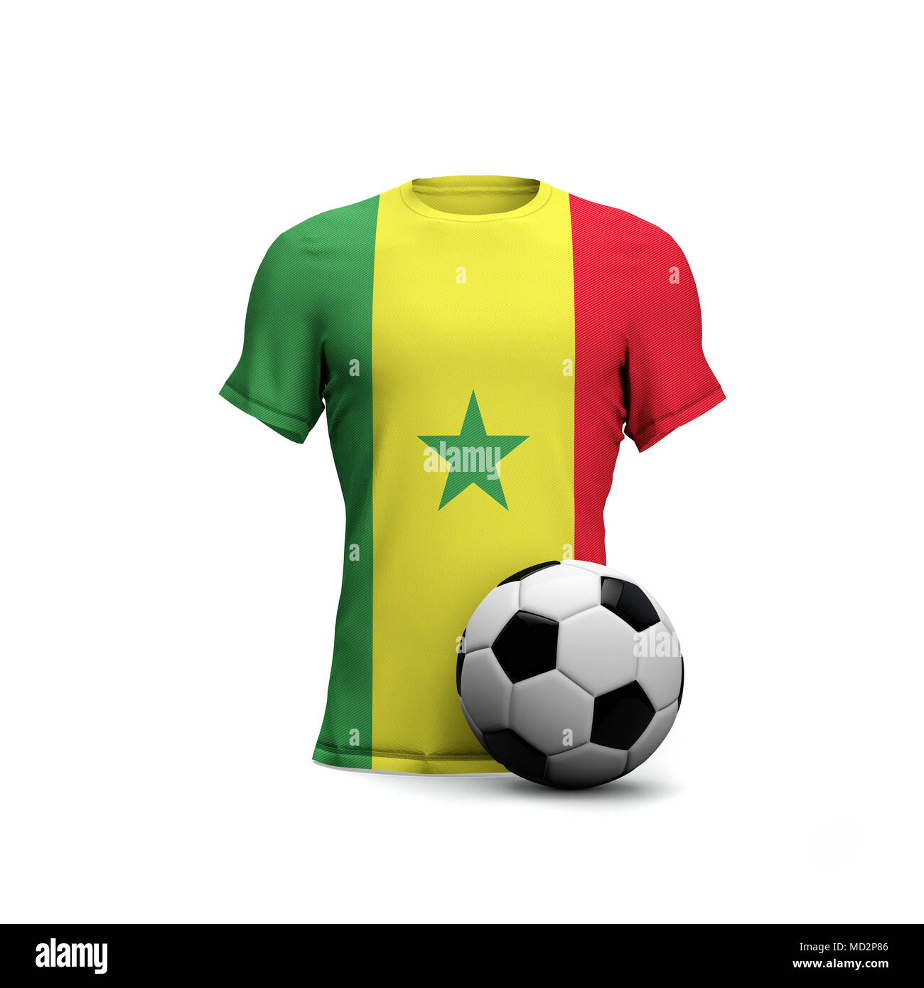 Senegal soccer shirt con la bandera nacional y pelota de fútbol. 3D Rendering Foto de stock
