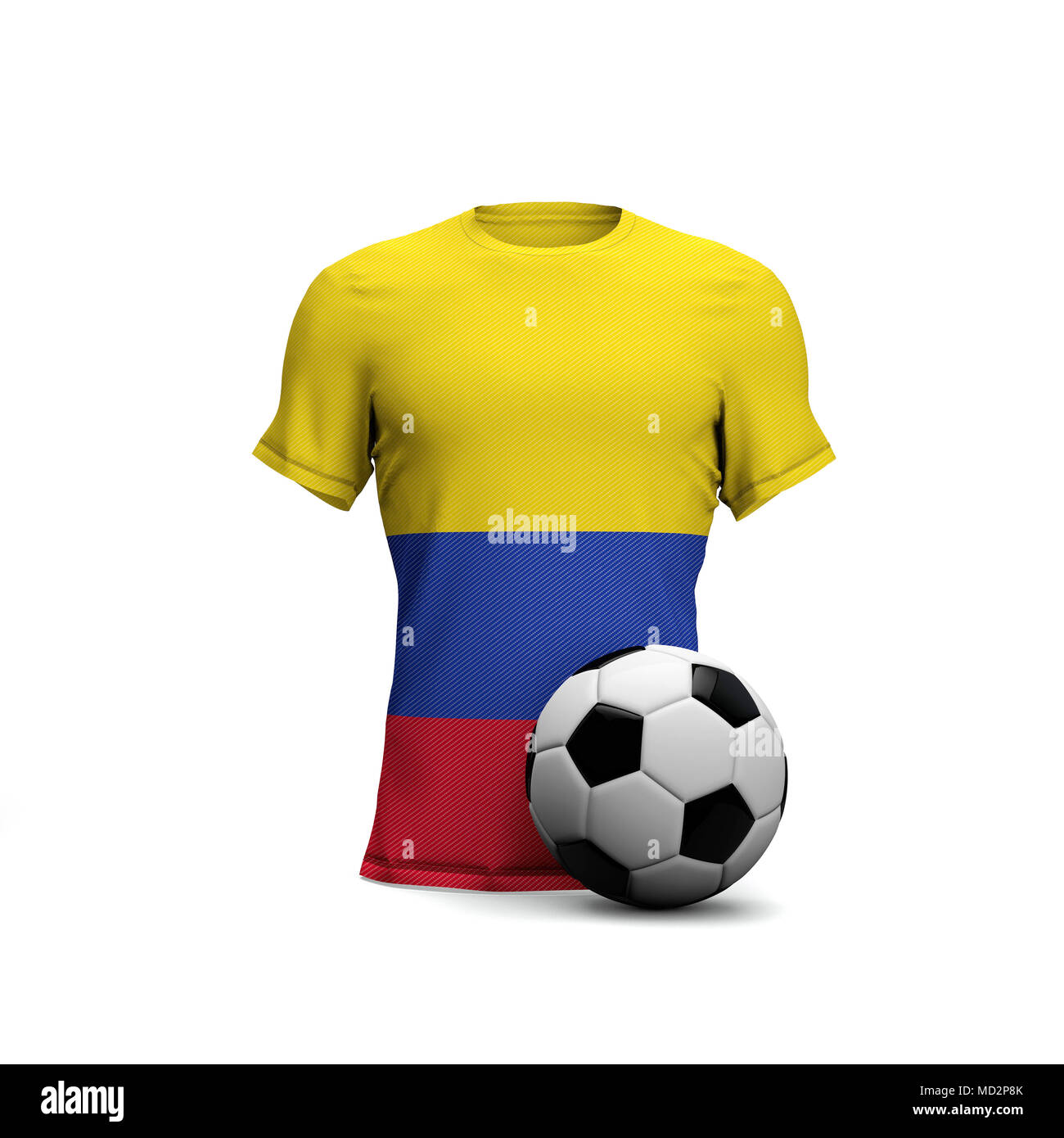 Colombia soccer shirt con la bandera nacional y pelota de fútbol. 3D Rendering Foto de stock