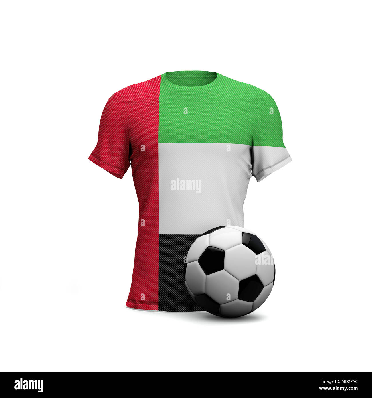 Camiseta de fútbol de los Emiratos Árabes Unidos con bandera nacional y pelota de fútbol. 3D Rendering Foto de stock