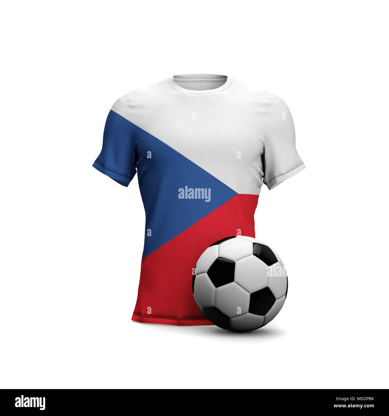 Camiseta de fútbol de la República Checa con bandera nacional y pelota de fútbol. 3D Rendering Foto de stock