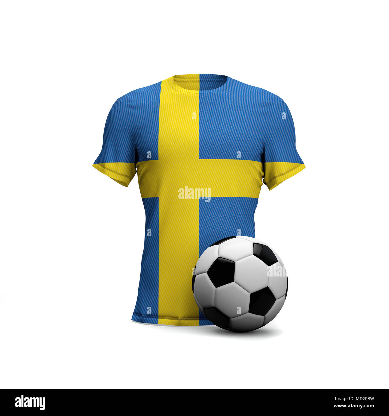 Camiseta de fútbol de Suecia con bandera nacional y pelota de fútbol. 3D Rendering Foto de stock