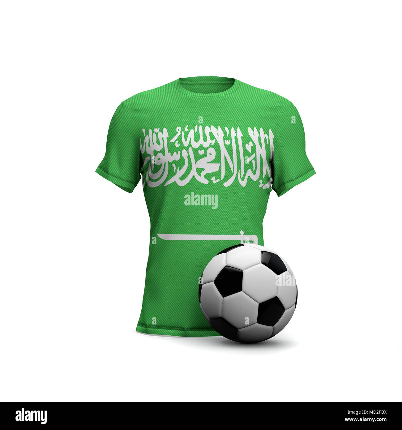 Arabia Saudita soccer shirt con la bandera nacional y pelota de fútbol. 3D Rendering Foto de stock