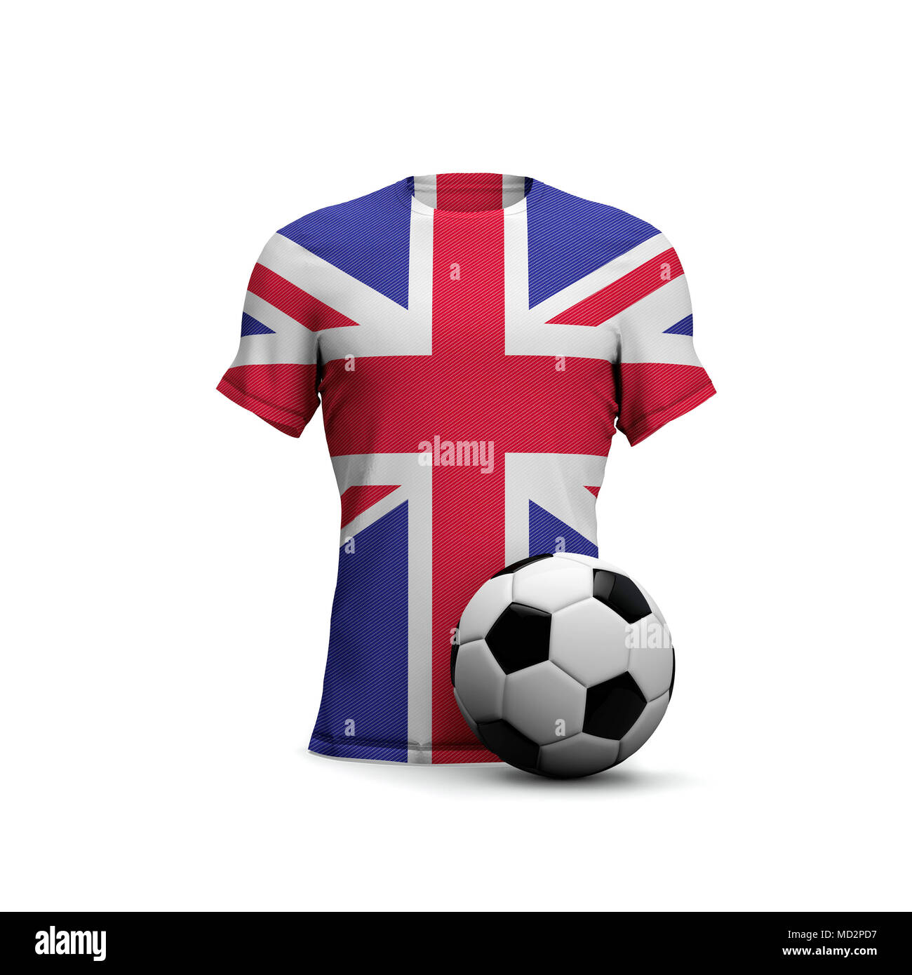 Camiseta de fútbol del Reino Unido con la bandera nacional y pelota de fútbol. 3D Rendering Foto de stock